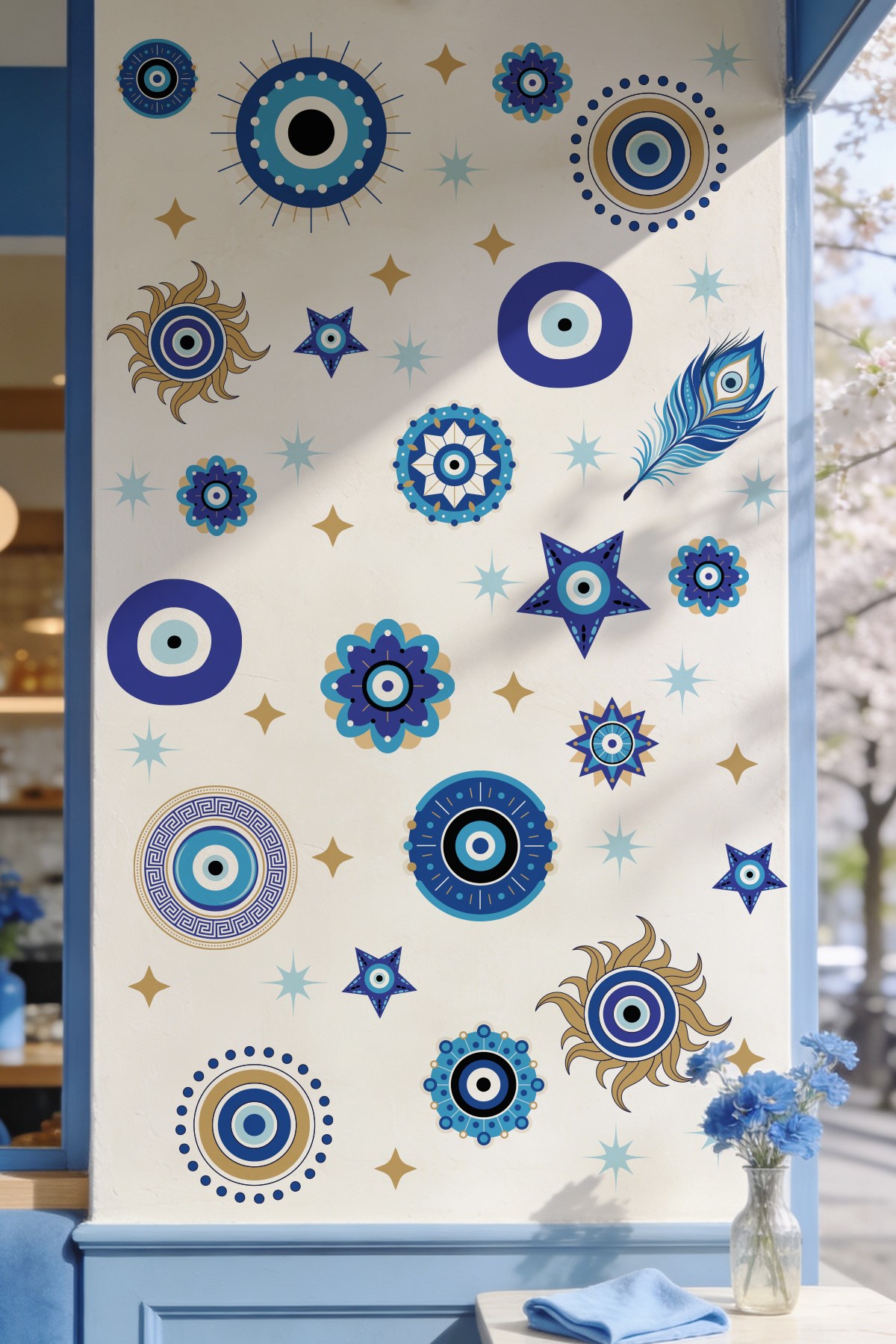 Nazar Boncuğu Duvar Sticker Seti 43 Parça | Mavi Gold Nazar Dekoratif Sticker | Salon, Çocuk Odası