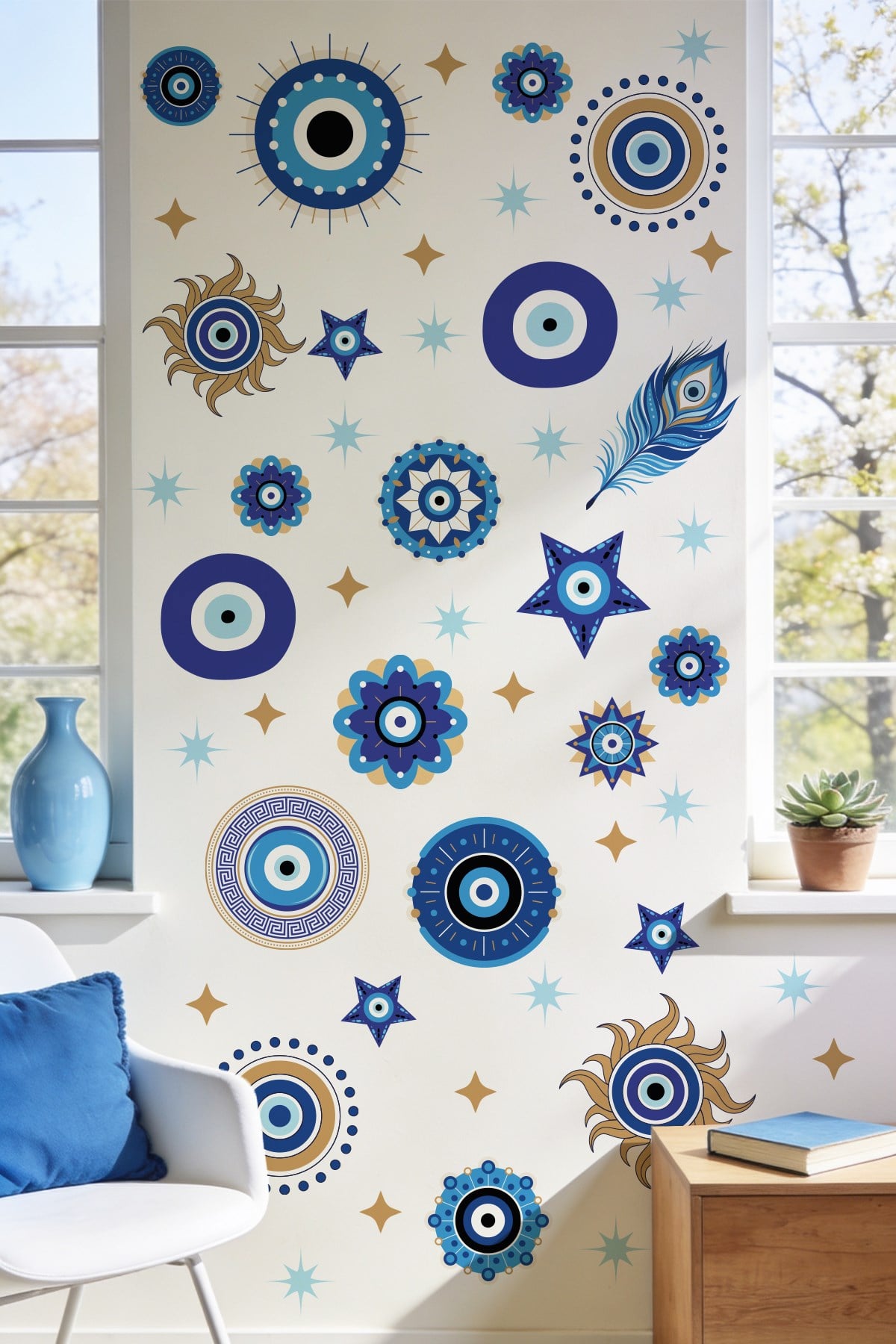 Nazar Boncuğu Duvar Sticker Seti 43 Parça | Mavi Gold Nazar Dekoratif Sticker | Salon, Çocuk Odası