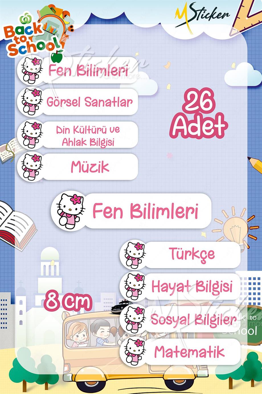 Okul Ders Etiketi Hello Kitty Temalı 26 adet 8 cm Okul Ders Etiketi