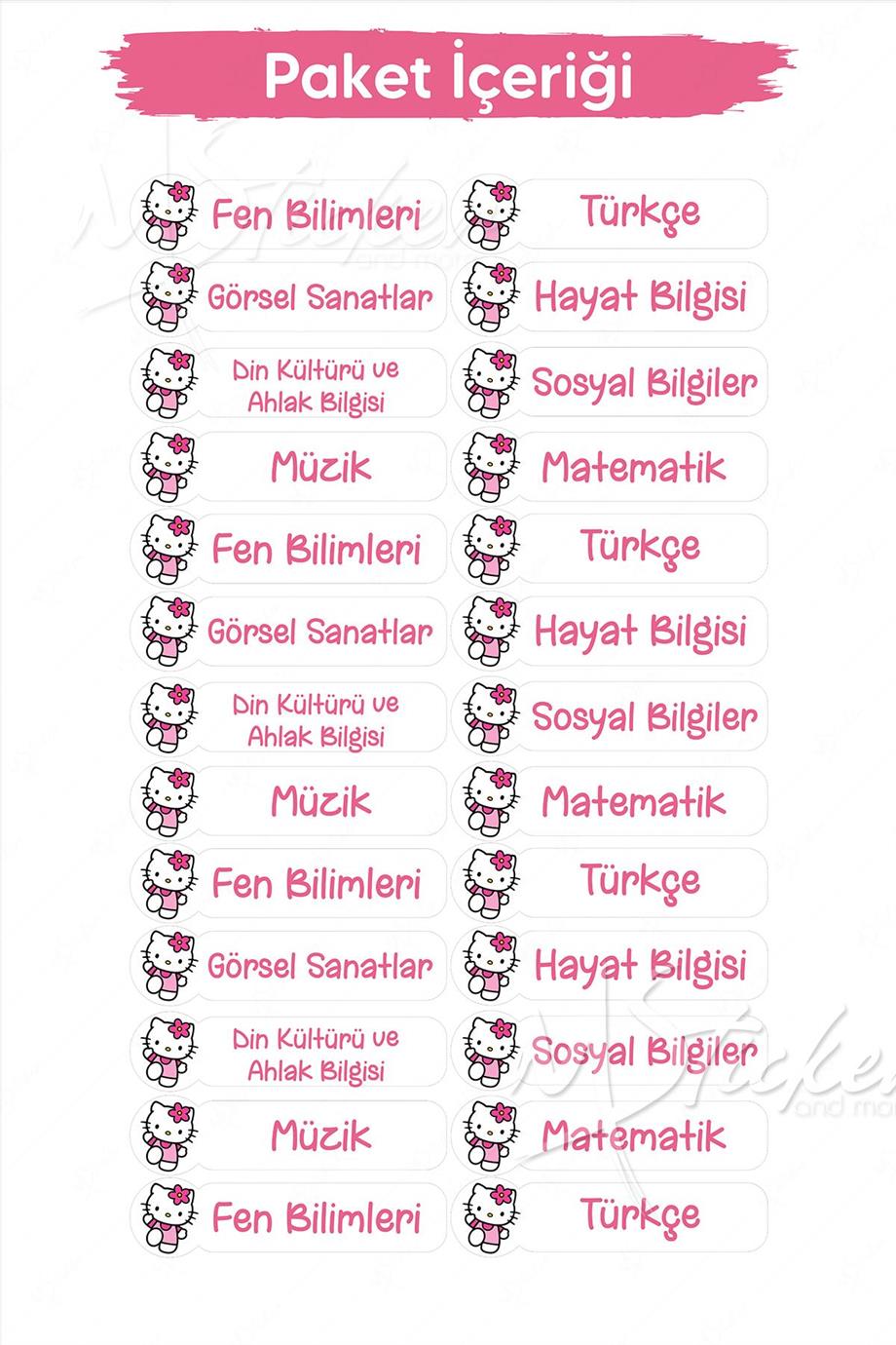 Okul Ders Etiketi Hello Kitty Temalı 26 adet 8 cm Okul Ders Etiketi