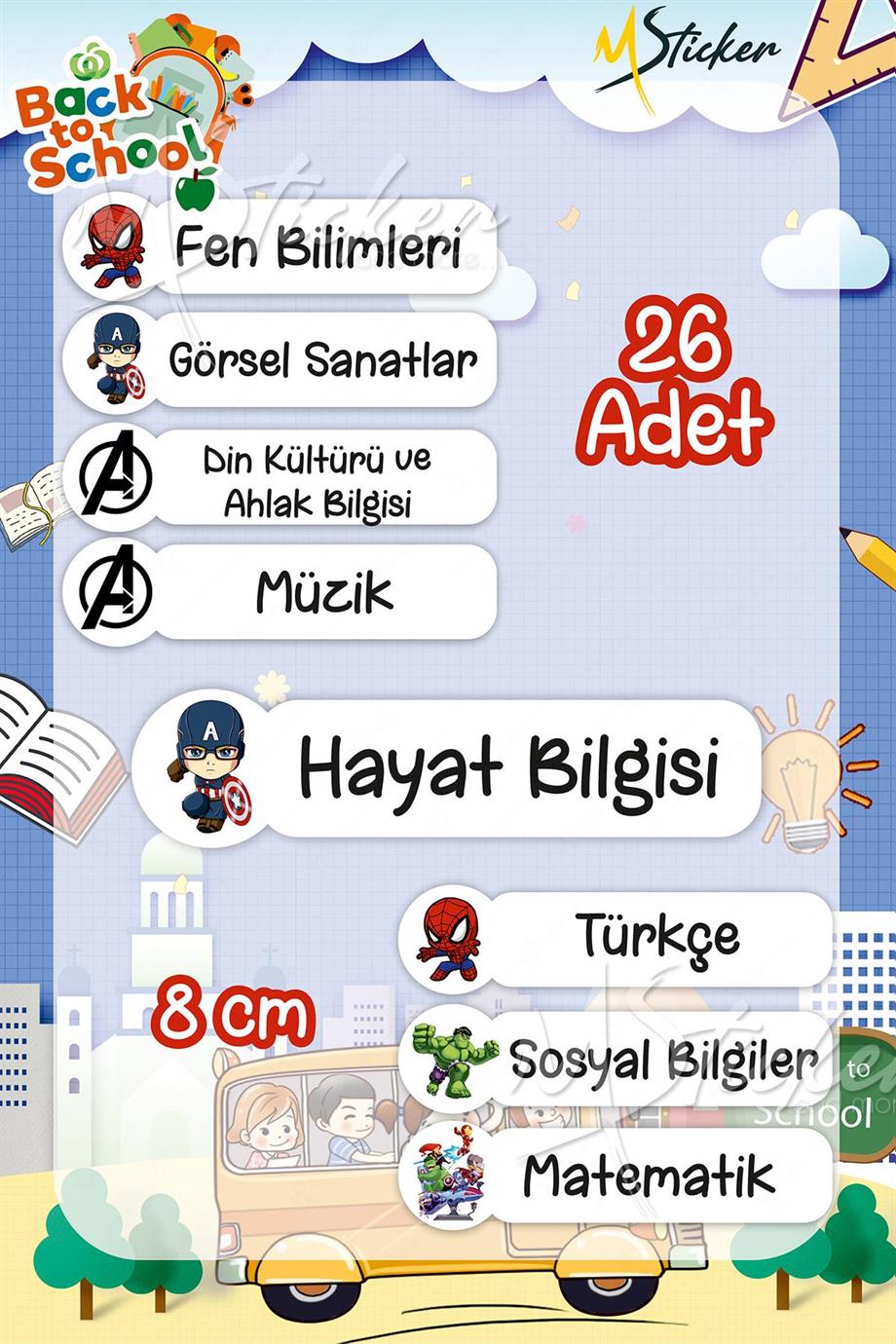 Okul Ders Etiketi Marvel Temalı 26 adet 8 cm Okul Ders Etiketi