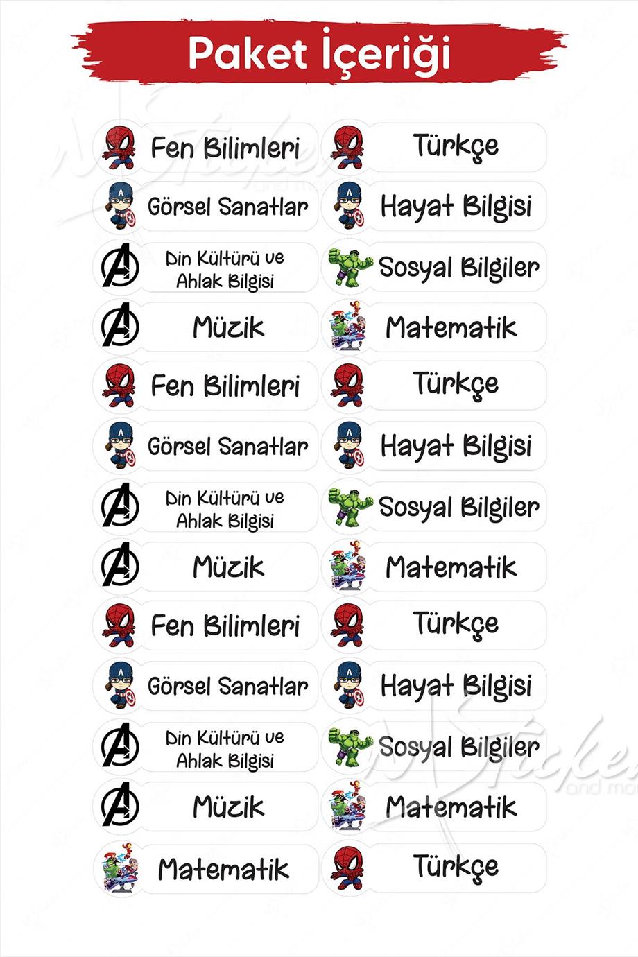 Okul Ders Etiketi Marvel Temalı 26 adet 8 cm Okul Ders Etiketi
