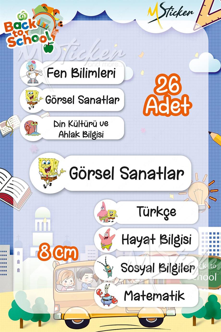 Okul Ders Etiketi SüngerBob Temalı 26 adet 8 cm Okul Ders Etiketi