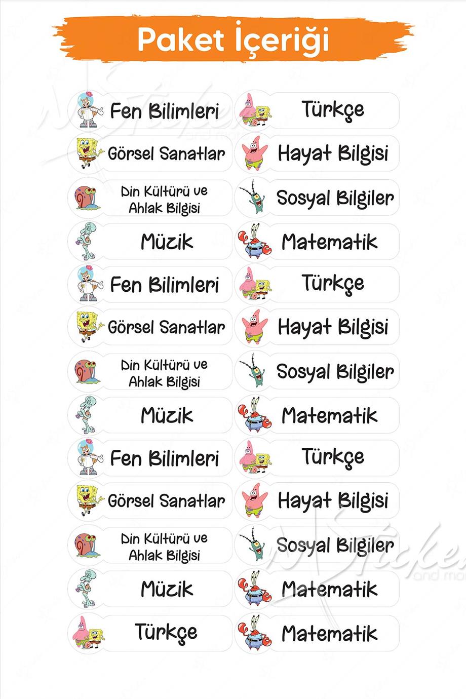 Okul Ders Etiketi SüngerBob Temalı 26 adet 8 cm Okul Ders Etiketi
