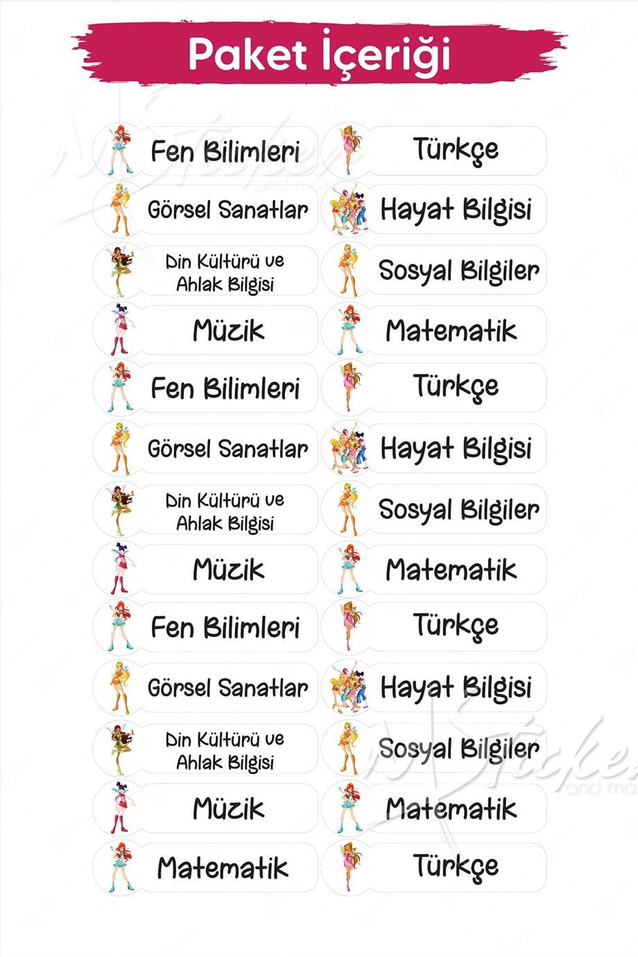 Okul Ders Etiketi Winx Temalı 26 adet 8 cm Okul Ders Etiketi