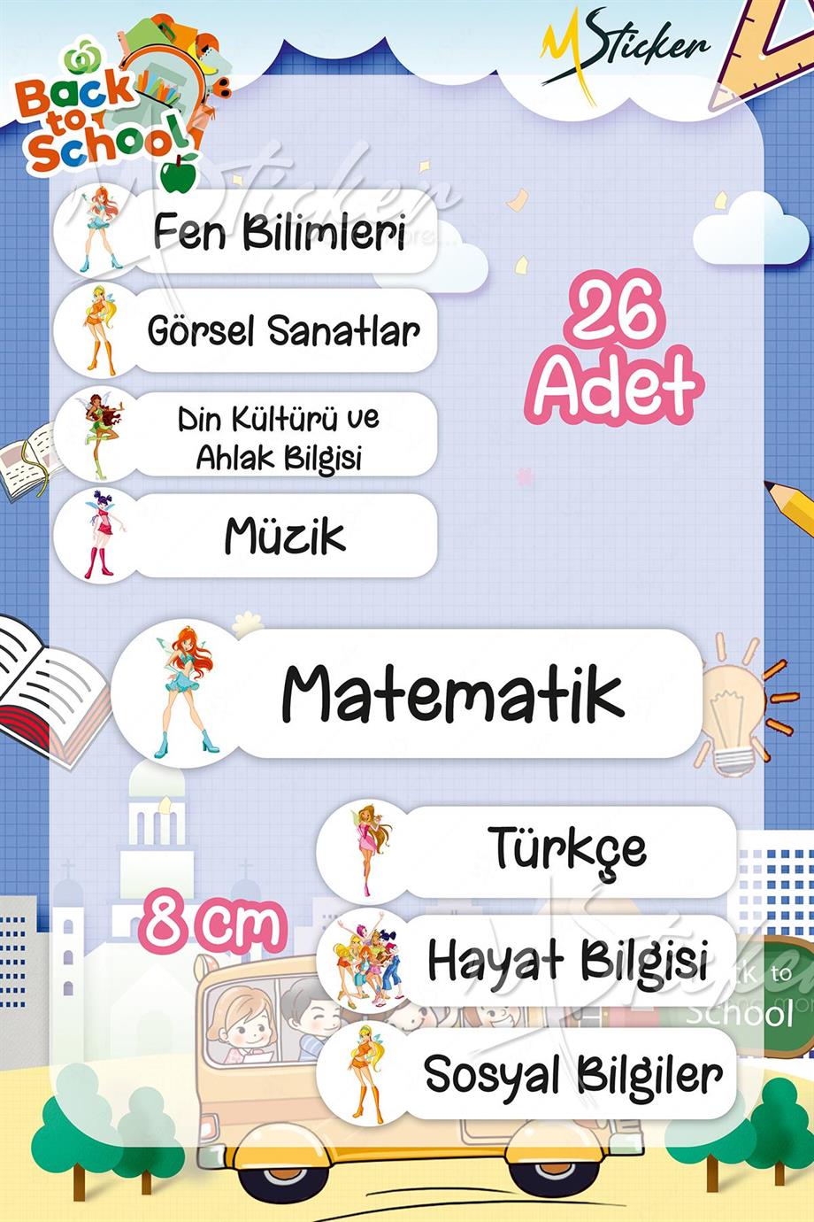 Okul Ders Etiketi Winx Temalı 26 adet 8 cm Okul Ders Etiketi