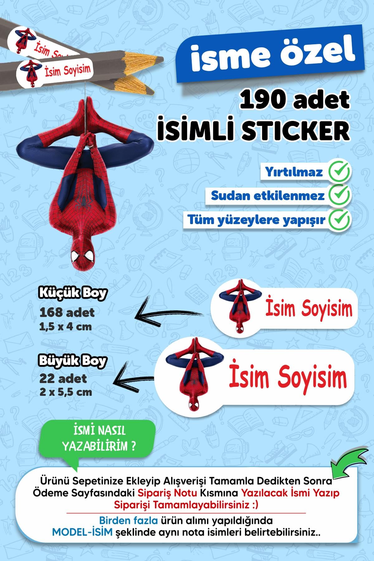 Okul Etiketi Kalem Defter Etiketi Özel Isim Yazılabilen Etiket Spiderman Ters - 190 Adet