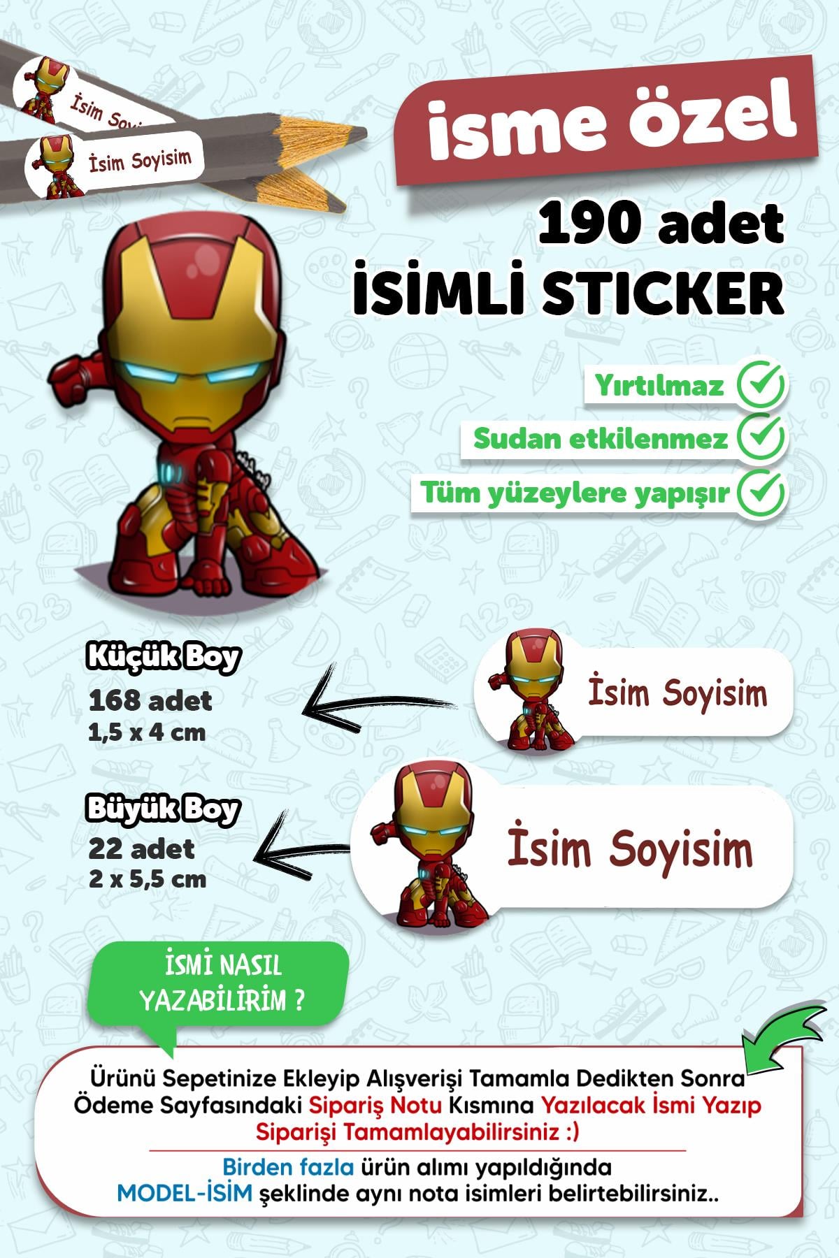 Okul Etiketi Kalem Defter Etiketi Özel Isim Yazılabilen Etiket Iron Man 190 Adet