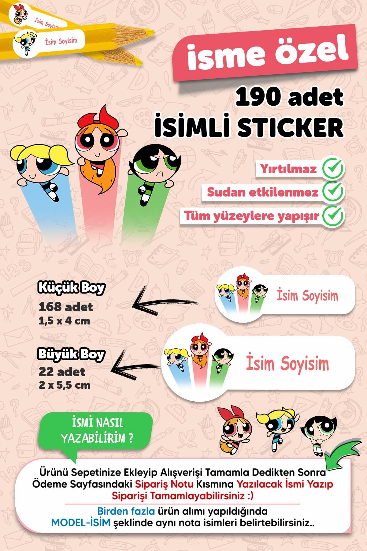 Okul Etiketi Kalem Defter Etiketi Powerpuff Girls Temalı Özel Isim Yazılabilen Etiket - 190 Adet