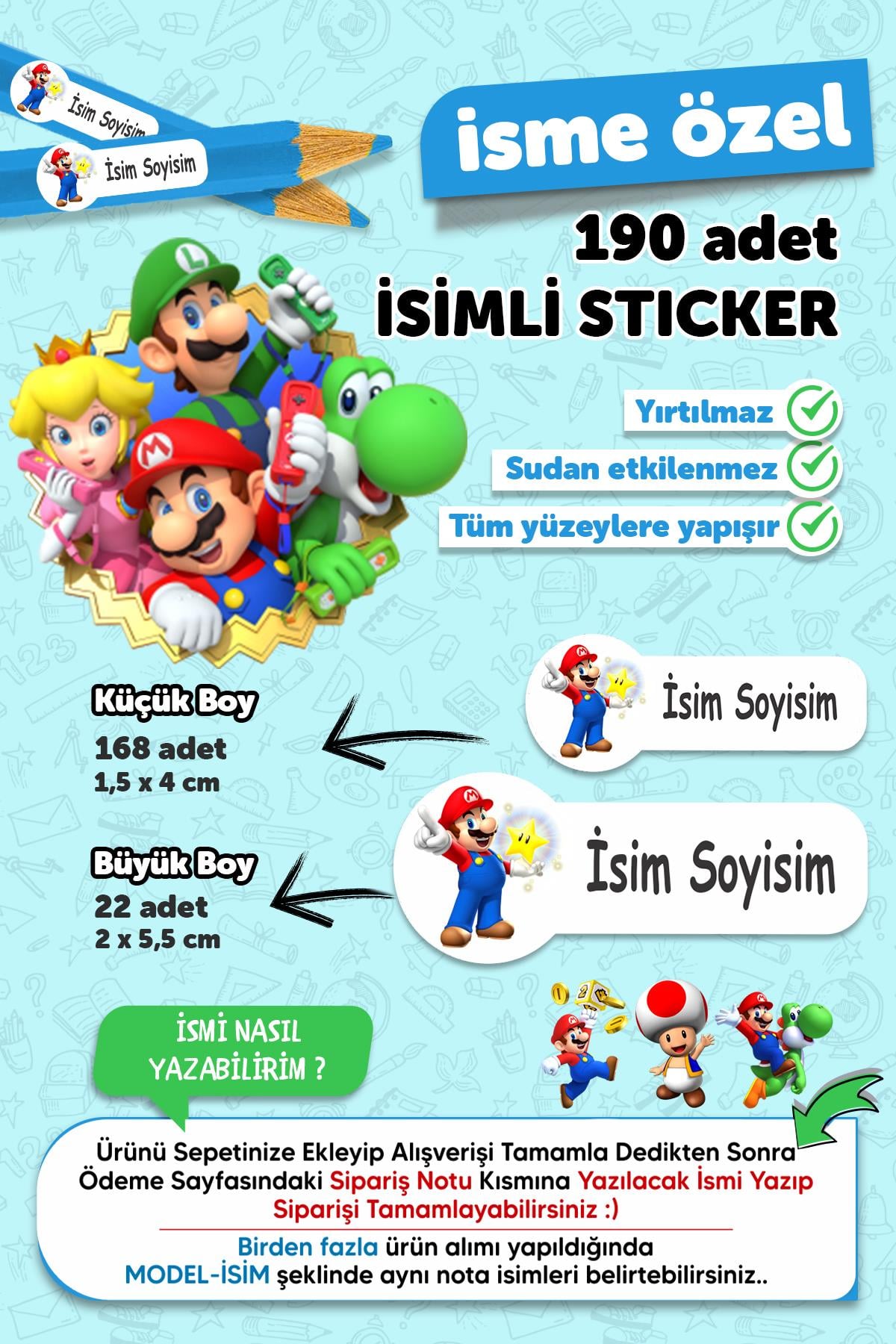 Okul Etiketi Kalem Defter Etiketi Süper Mario Temalı Özel Isim Yazılabilen Etiket - 190 Adet