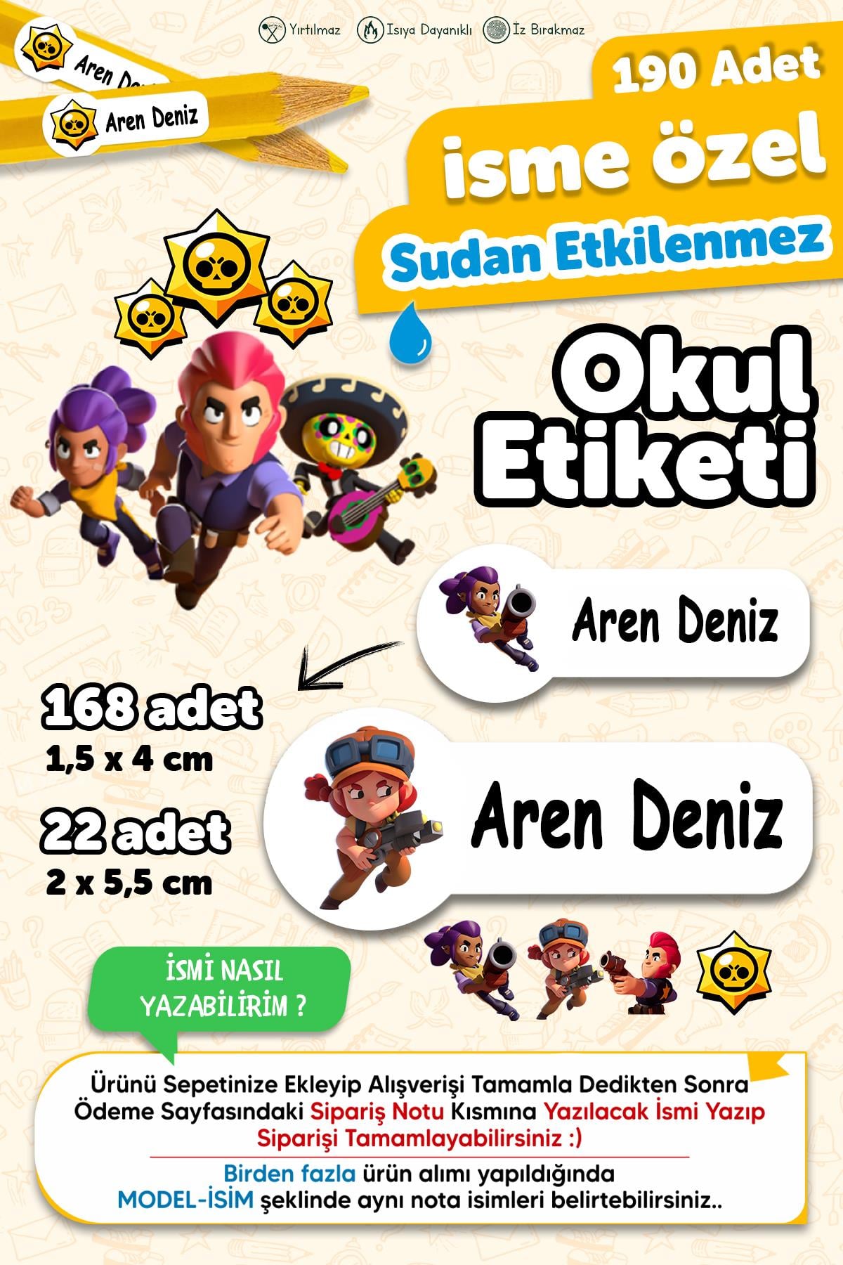 Okul Etiketi Kalem Defter isimli Etiket Isim Yazılabilen Brawl Stars - 190 Adet Özel Yeni Tasarım