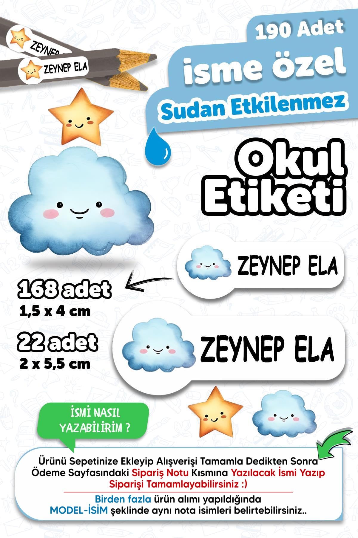 Okul Etiketi Kalem Defter isimli Etiket Isim Yazılabilen Gülen Bulut ve Yıldız - 190 Adet Özel Yeni Tasarım