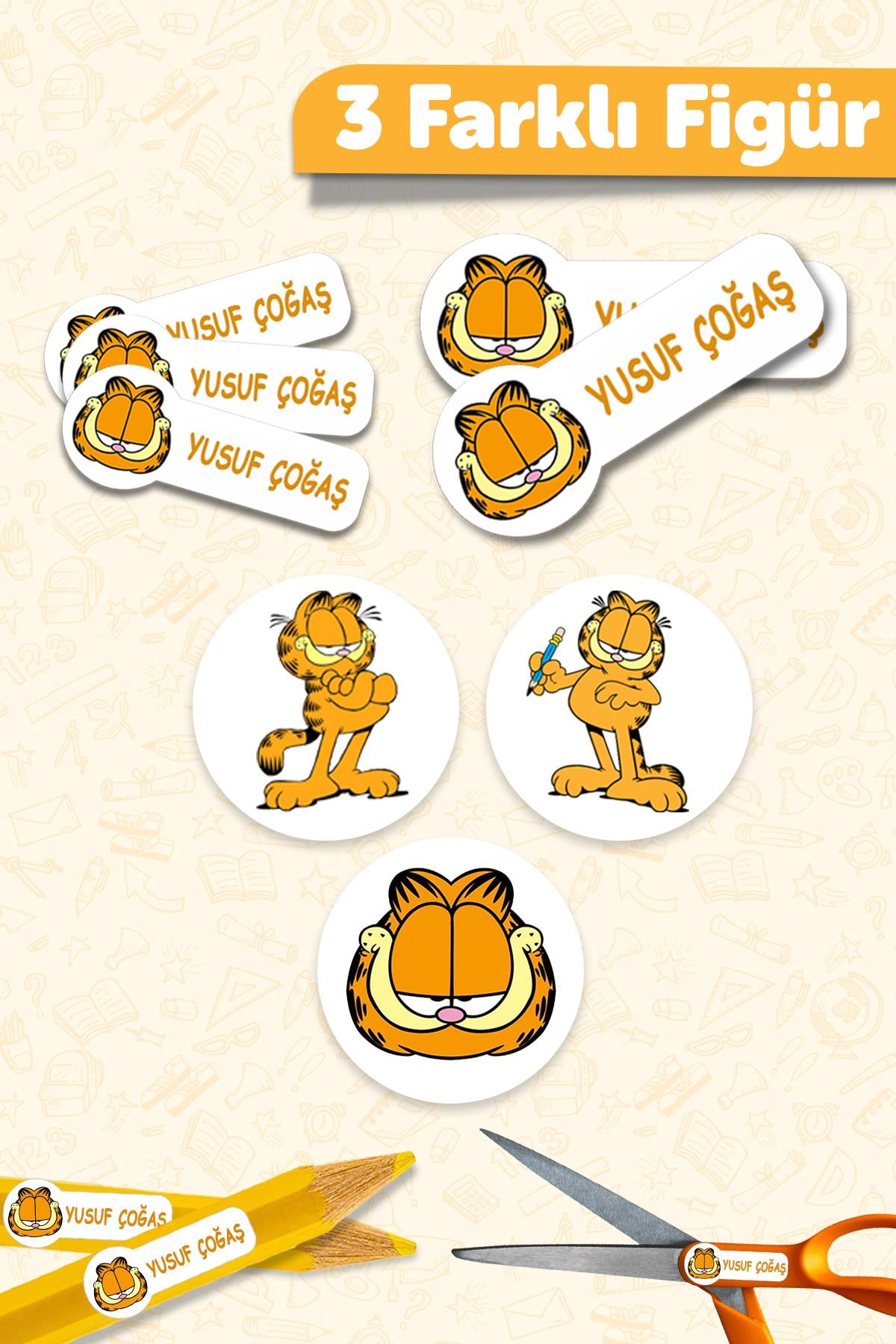 Okul Etiketi Kalem Defter isimli Etiket Isim Yazılabilen Garfield - 190 Adet Özel Yeni Tasarım