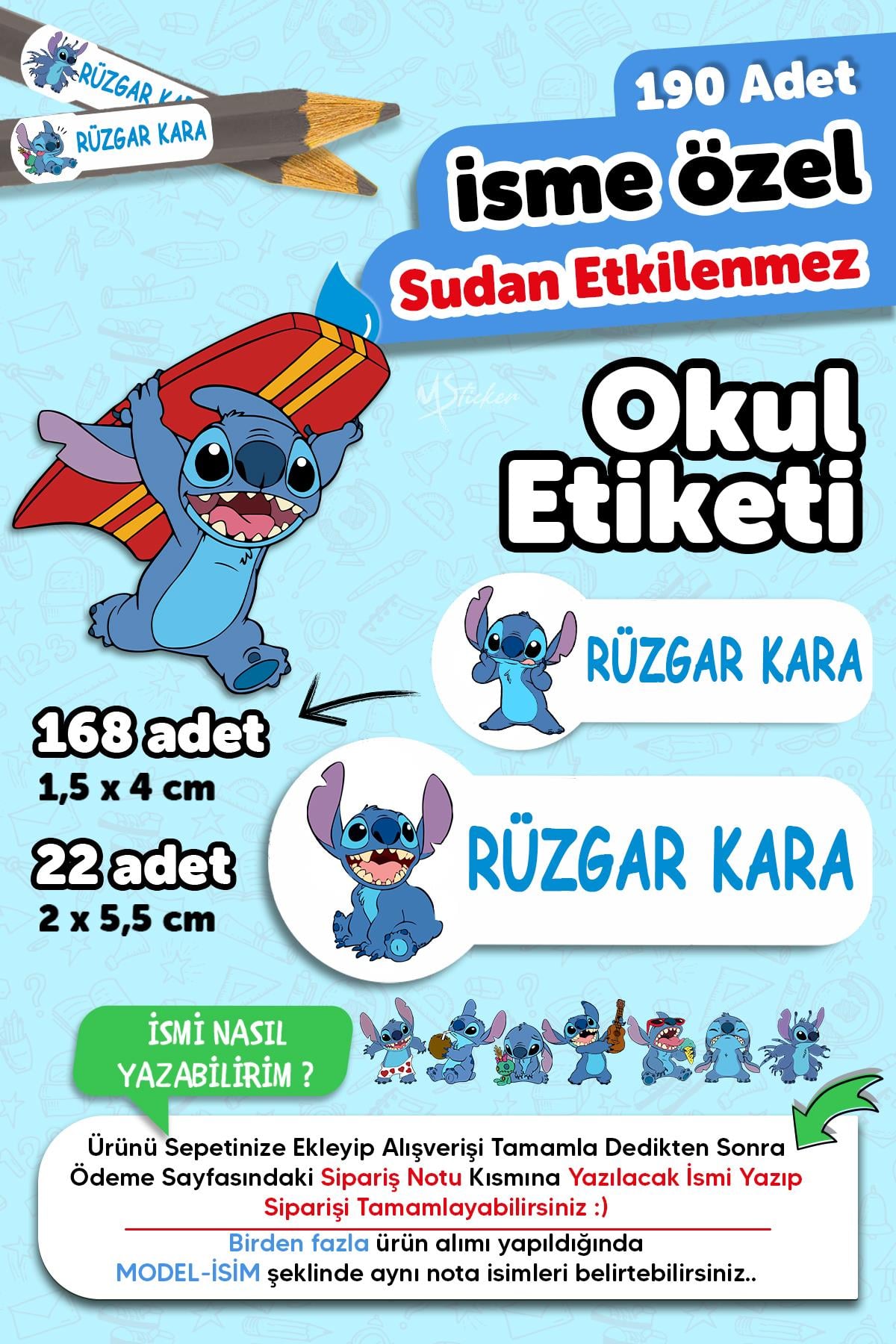 Okul Etiketi Kalem Defter isimli Etiket Isim Yazılabilen Stitc- 190 Adet Özel Tasarım Etiket