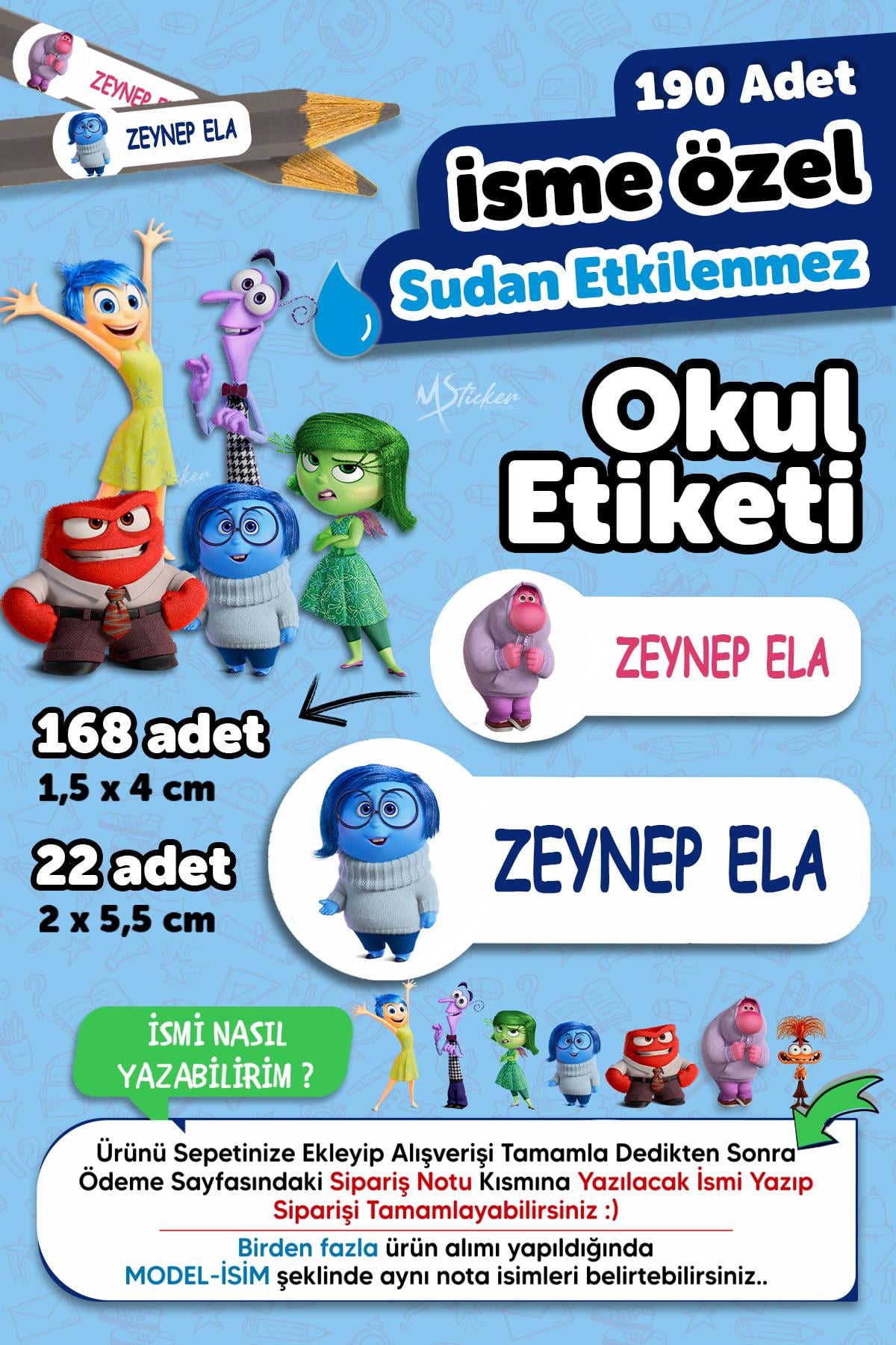 Okul Etiketi Kalem Defter isimli Etiket Isim Yazılabilen Ters Yüz Figürlü- 190 Adet Özel Yeni Tasarım