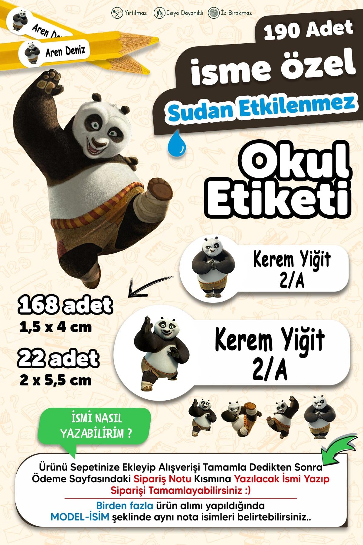 Okul Etiketi Kalem Defter isimli Etiket Isim Yazılabilen Kungfu Panda - 190 Adet Özel Yeni Tasarım