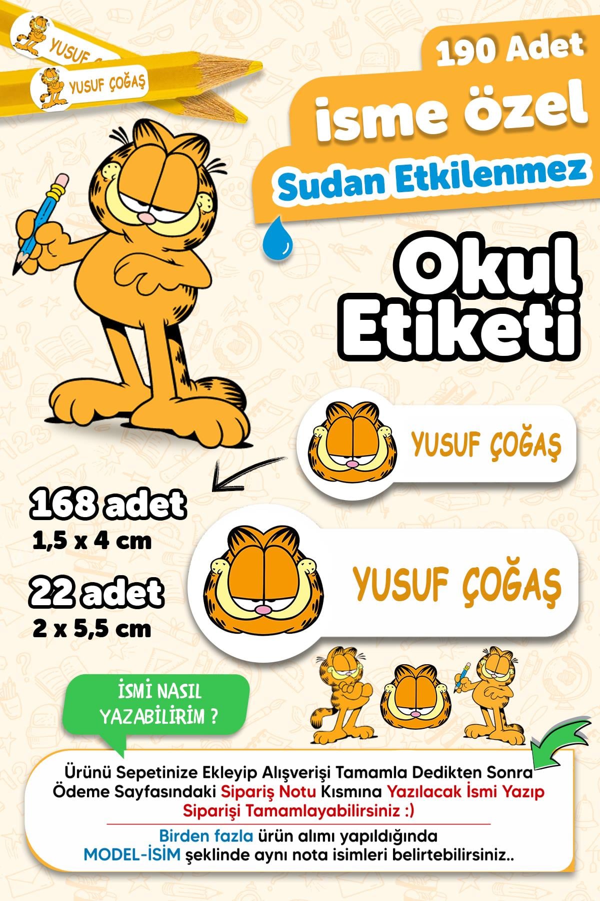 Okul Etiketi Kalem Defter isimli Etiket Isim Yazılabilen Garfield - 190 Adet Özel Yeni Tasarım