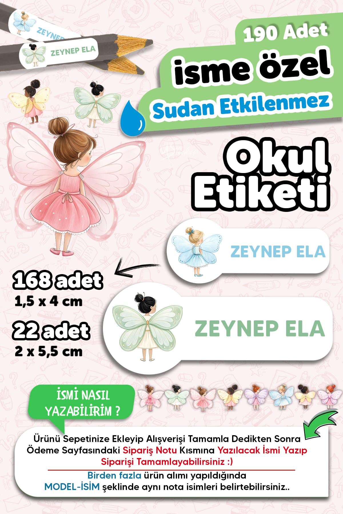 Okul Etiketi Kalem Defter isimli Etiket Isim Yazılabilen Peri Kızları - 190 Adet Özel Tasarım
