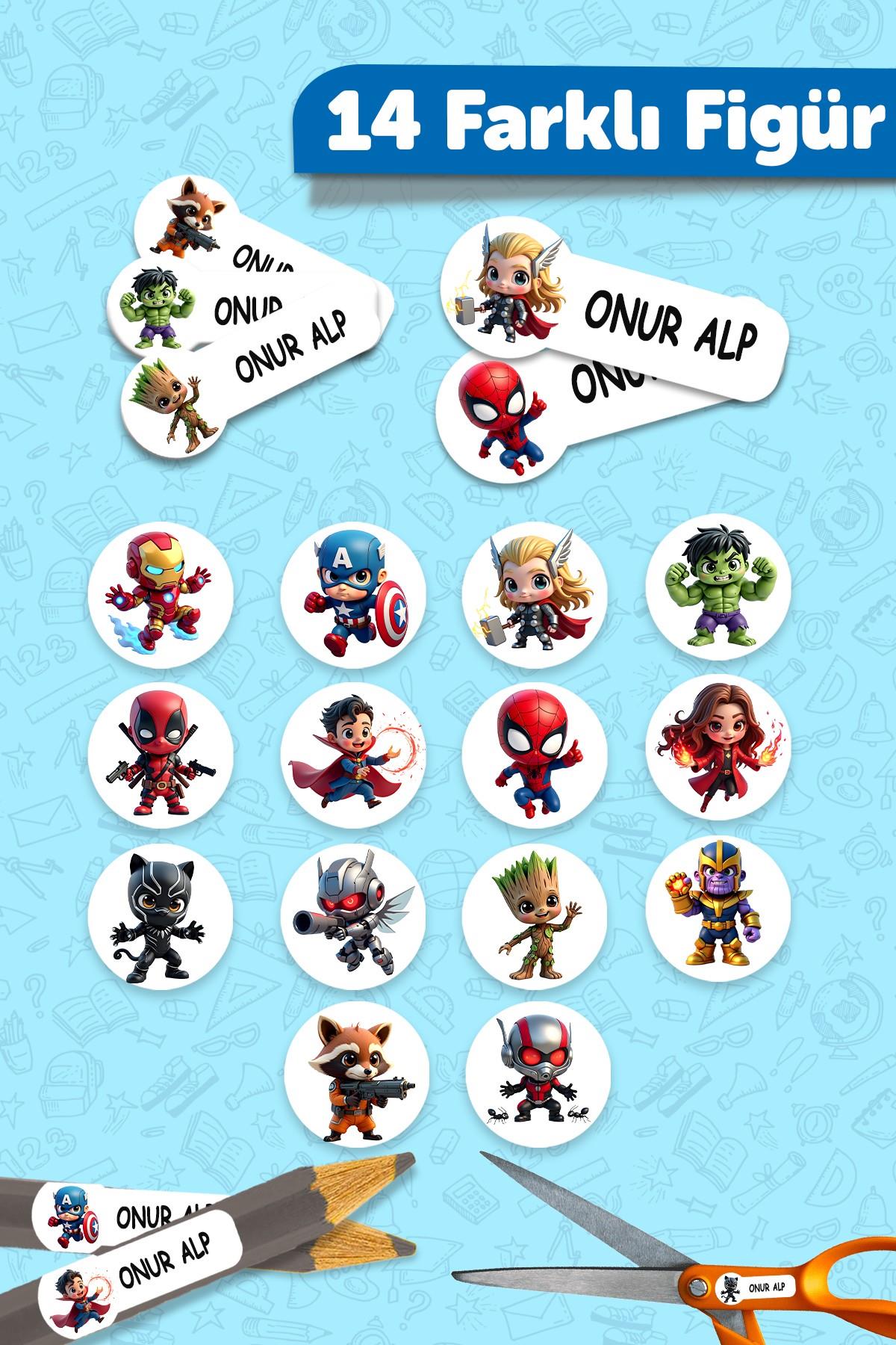 Okul Etiketi Kalem Defter isimli Etiket Isim Yazılabilen Marvel - 190 Adet Özel Tasarım