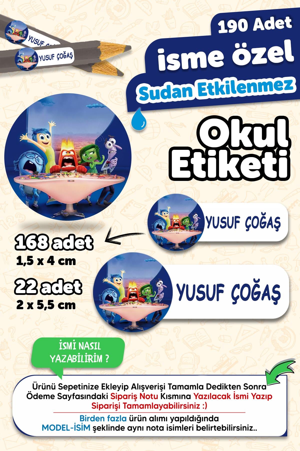 Okul Etiketi Kalem Defter isimli Etiket Isim Yazılabilen Ters Yüzlü - 190 Adet Özel Yeni Tasarım
