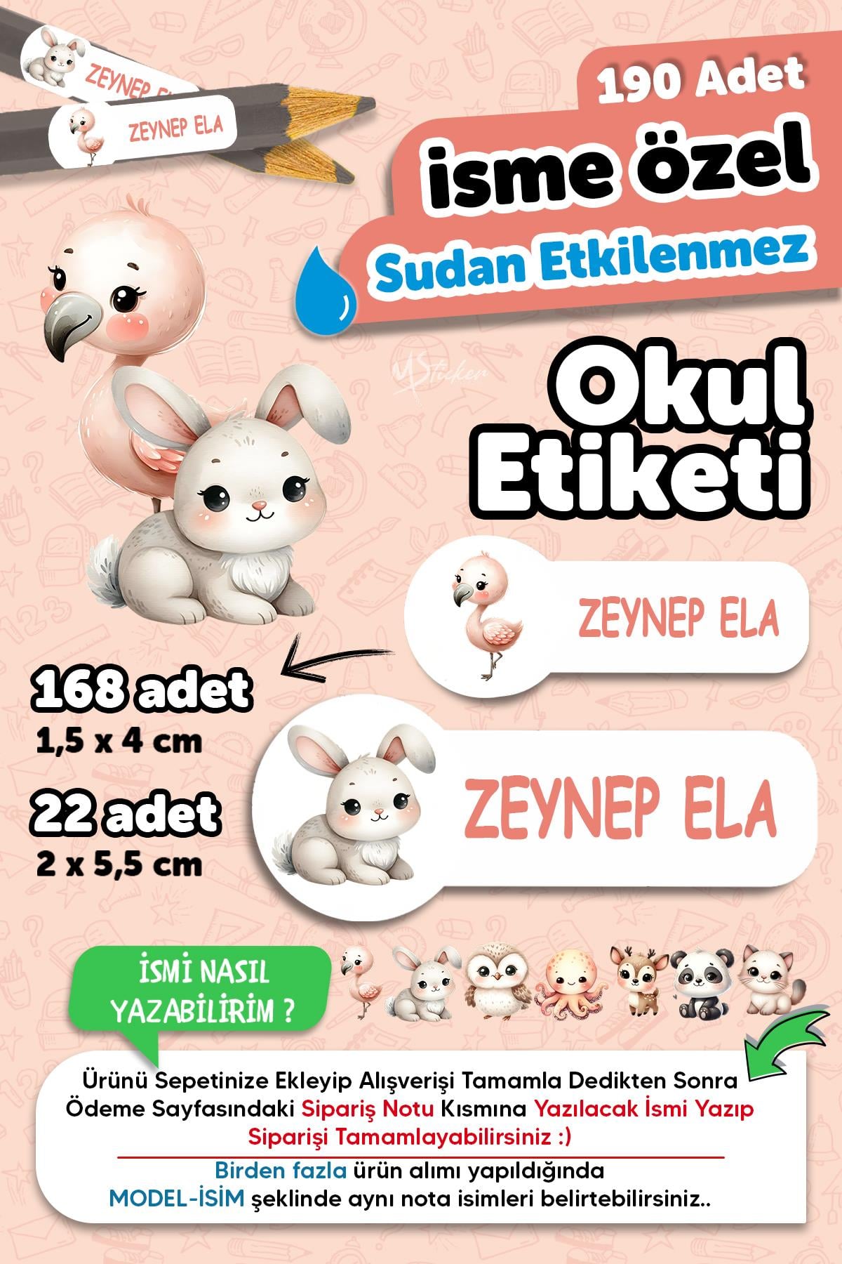 Okul Etiketi Kalem Defter isimli Etiket Isim Yazılabilen Tatlı Hayvanlar - 190 Adet Özel Tasarım