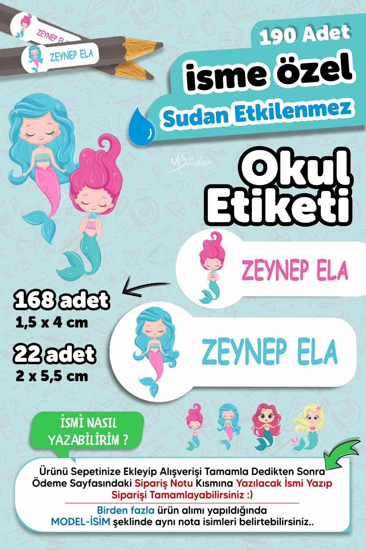 Okul Etiketi Kalem Defter isimli Etiket Isim Yazılabilen Sevimli Deniz Kızı - 190 Adet Özel Yeni Tasarım