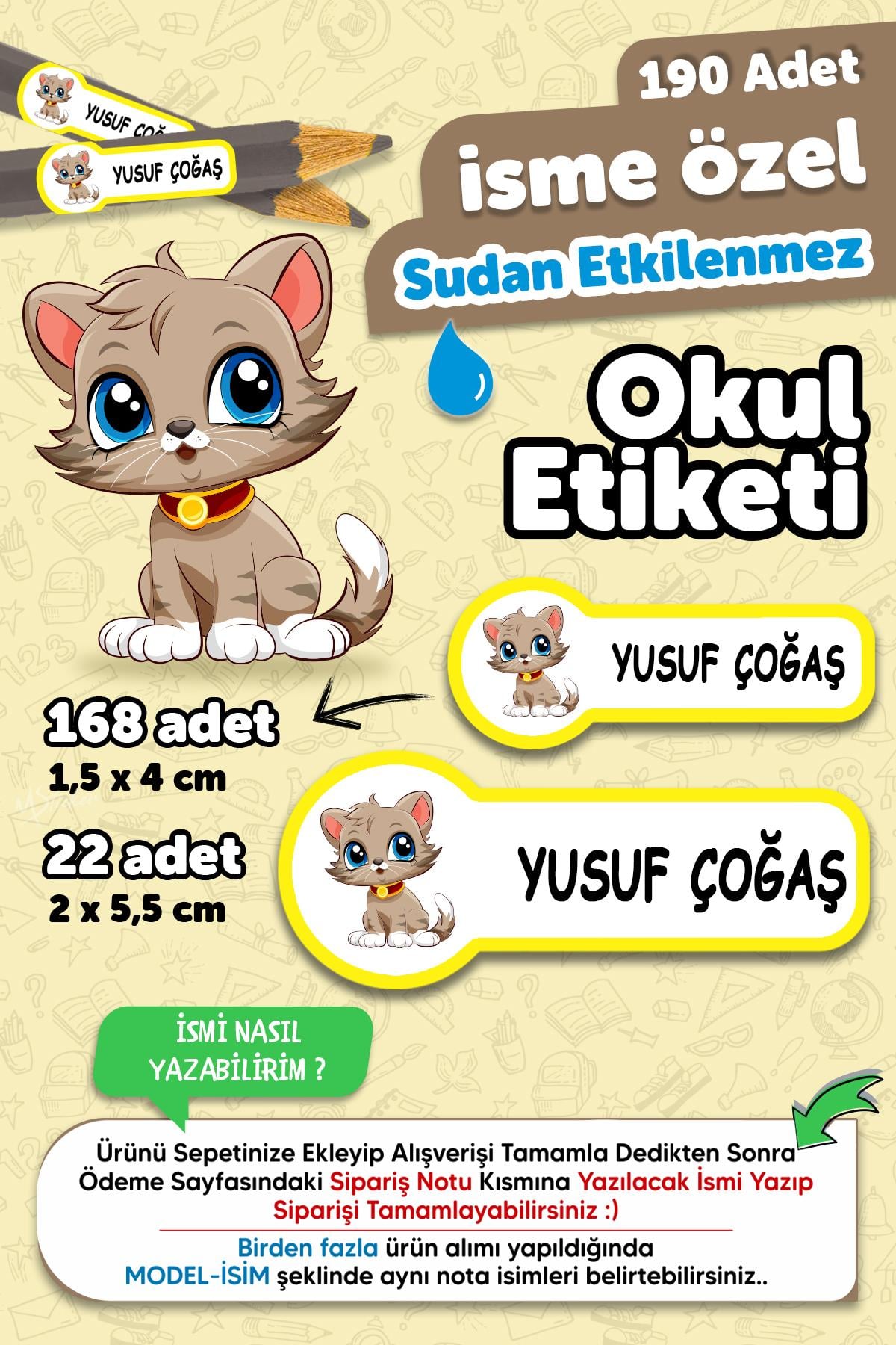 Okul Etiketi Kalem Defter isimli Etiket Isim Yazılabilen Kedi Temalı - 190 Adet Özel Yeni Tasarım