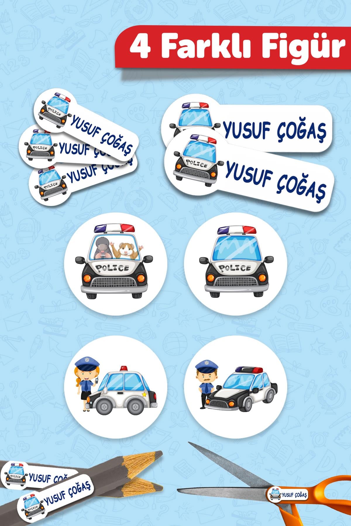 Okul Etiketi Kalem Defter isimli Etiket Isim Yazılabilen Polis Temalı - 190 Adet Özel Yeni Tasarım