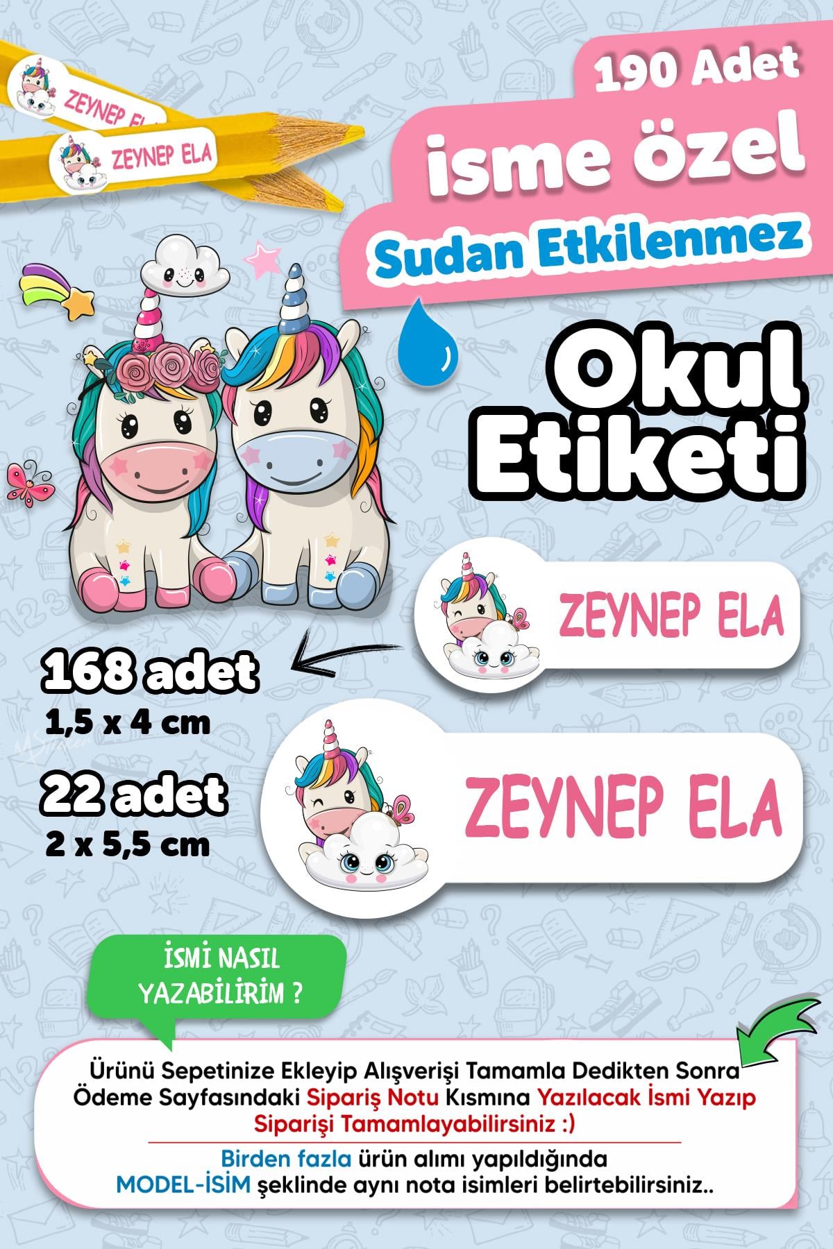 Okul Etiketi Kalem Defter isimli Etiket Isim Yazılabilen Unicorn Temalı - 190 Adet Özel Yeni Tasarım