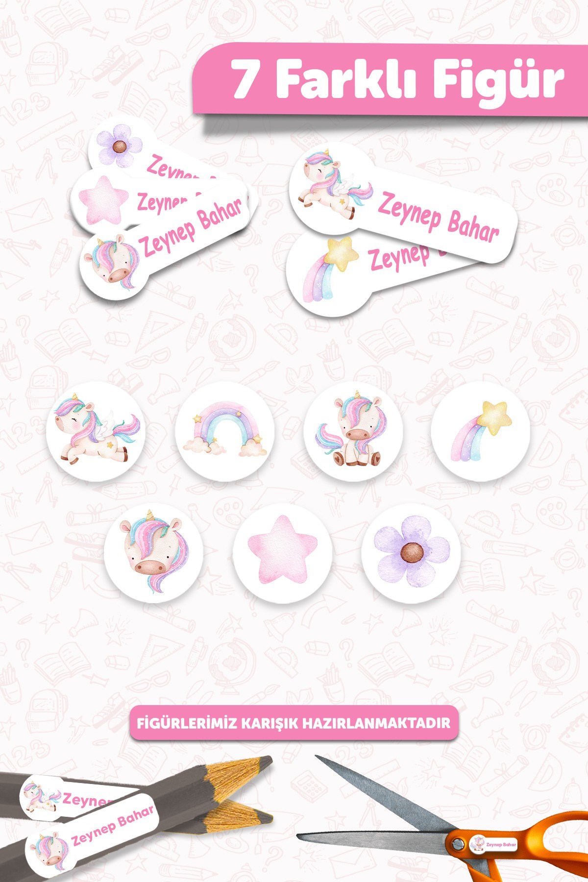 Okul Etiketi Kalem Defter isimli Etiket Isim Yazılabilen Unicorn - 190 Adet Özel Tasarım Etiket