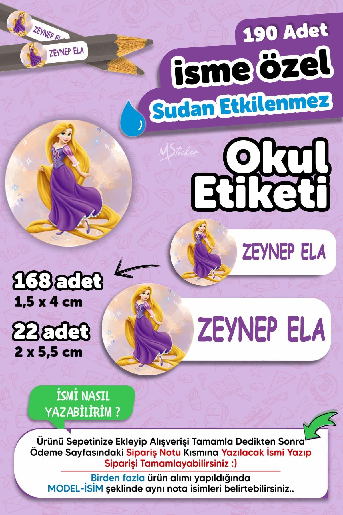 Okul Etiketi Kalem Defter isimli Etiket Isim Yazılabilen Rapunzel - 190 Adet Özel Yeni Tasarım