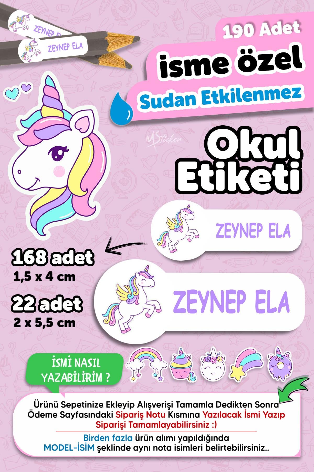 Okul Etiketi Kalem Defter isimli Etiket Isim Yazılabilen Sevimli Unicorn - 190 Adet Özel Yeni Tasarım
