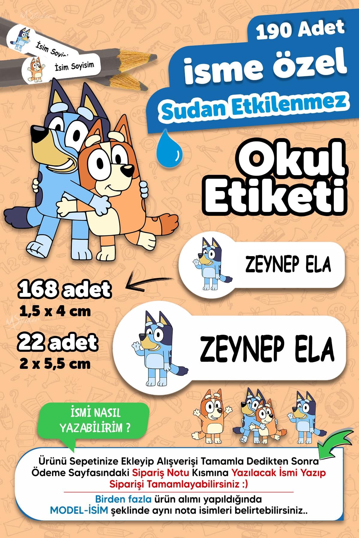 Okul Etiketi Kalem Defter isimli Etiket Isim Yazılabilen Bluey Temalı - 190 Adet Özel Yeni Tasarım