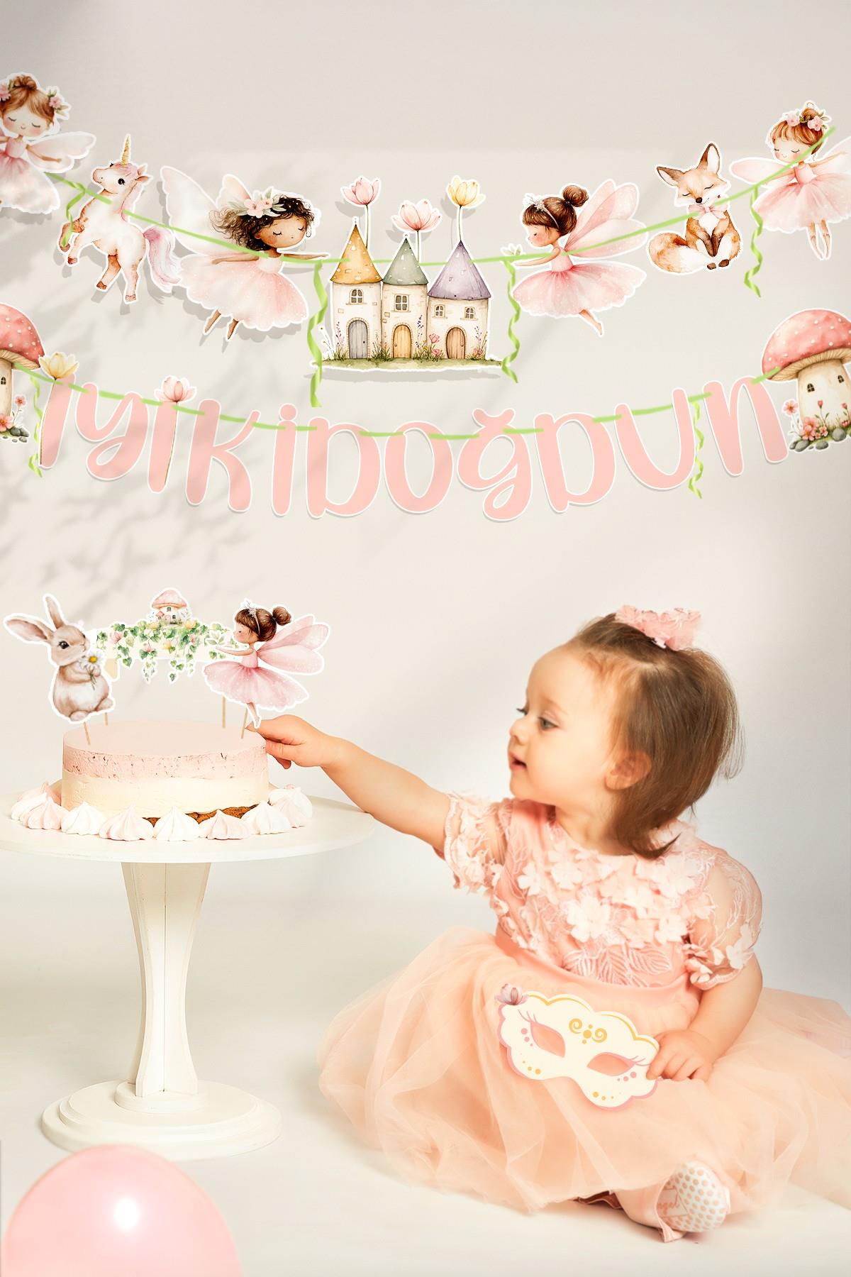Orman Perileri ve Sevimli Evleri Temalı Doğum Günü Konsepti Süsleme Seti , Cupcake Süsü Flama Etiket