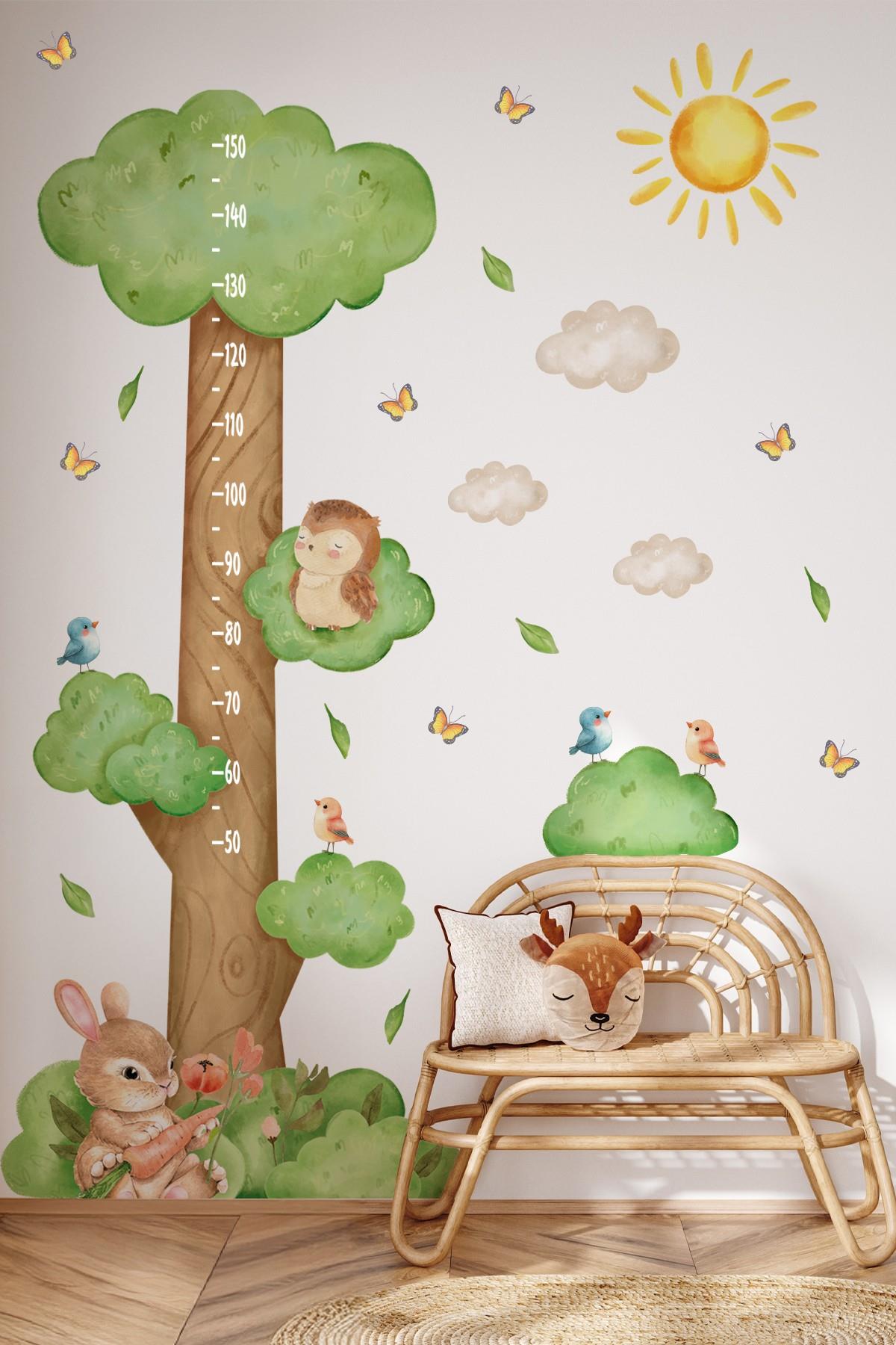 Ormanda Keyifli Bir Gün Temalı Temalı Boy Ölçer Boy Cetveli Sticker Seti Çocuk, Sevimli Orman Figür 