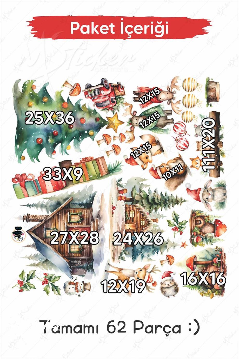 Ormanda Sevimli Hayvanlar Kış Sevinci, Yeni Yıl Yılbaşı Süsü Sticker Seti, Karlı Evler ve Hayvanlar