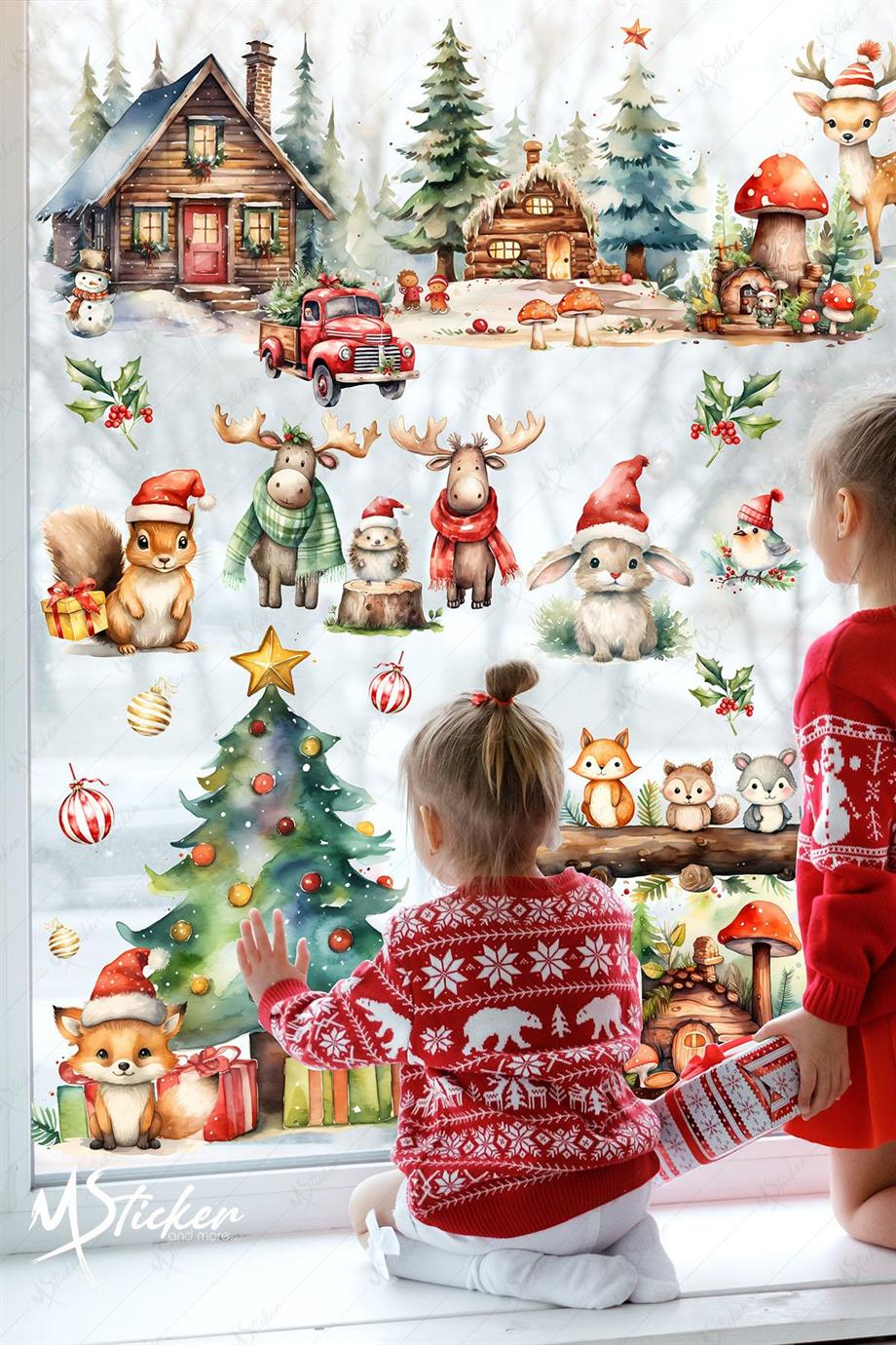 Ormanda Sevimli Hayvanlar Kış Sevinci, Yeni Yıl Yılbaşı Süsü Sticker Seti, Karlı Evler ve Hayvanlar