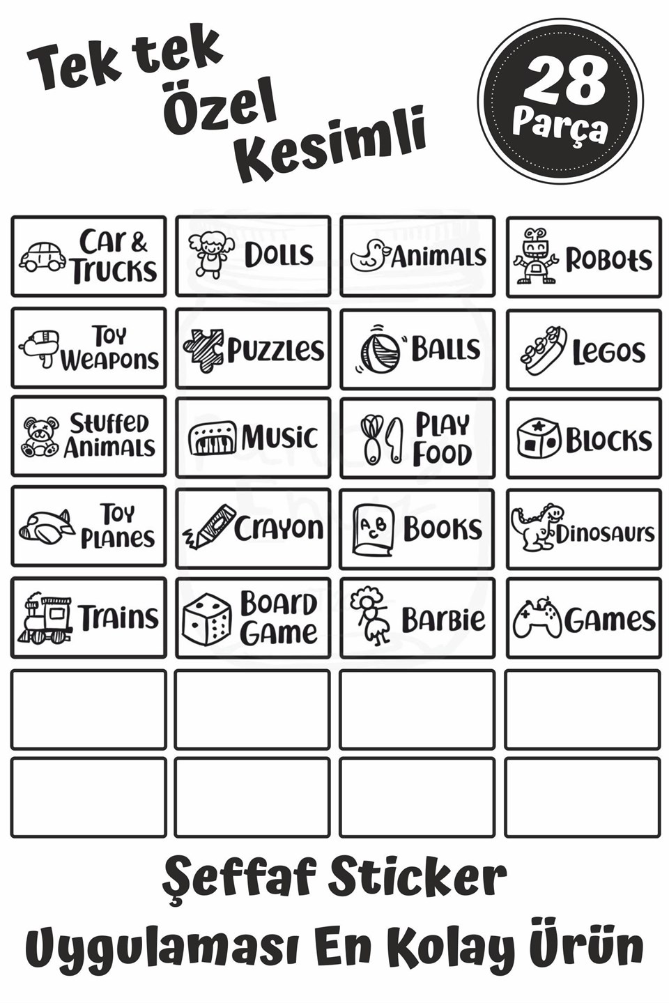 Oyuncak Kutusu Sticker-Organizer Etiket-Şeffaf Baskılı 28 adet