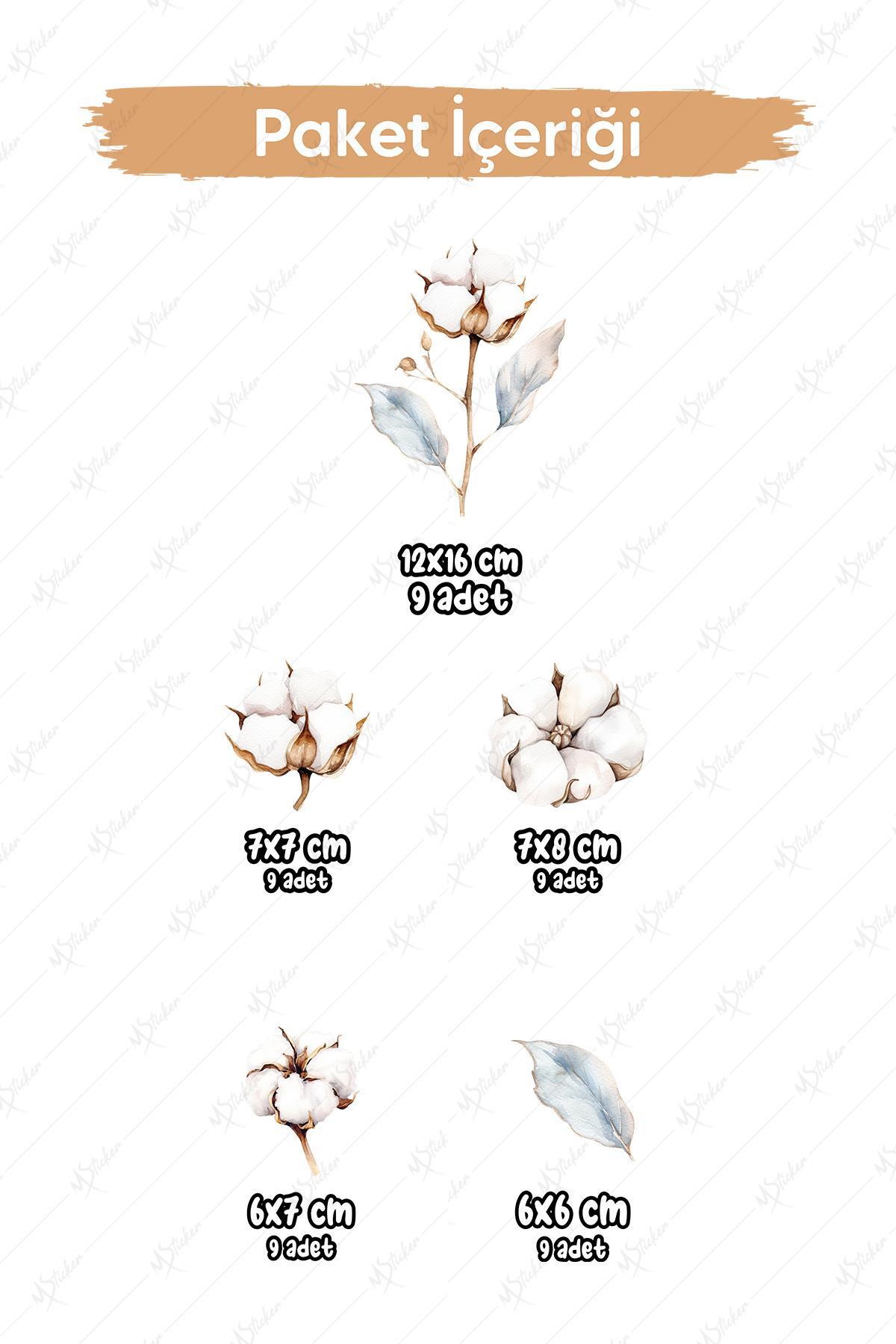 Pamuk Çiçeği ve Yapraklar Soft Renklerde Dekorasyon Sticker Seti, Bahar Çiçekleri Sticker