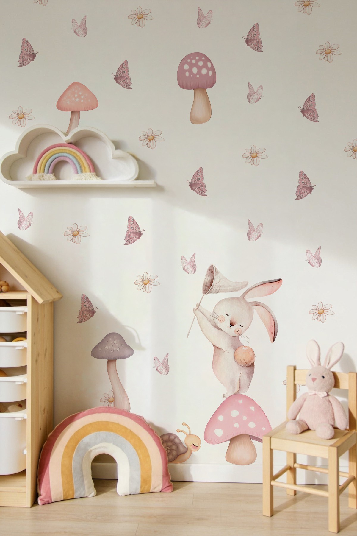Pastel Sevimli Tavşan Duvar Sticker Seti 52 Parça | Mantar, Kelebek ve Papatya Çocuk Odası Stickerı