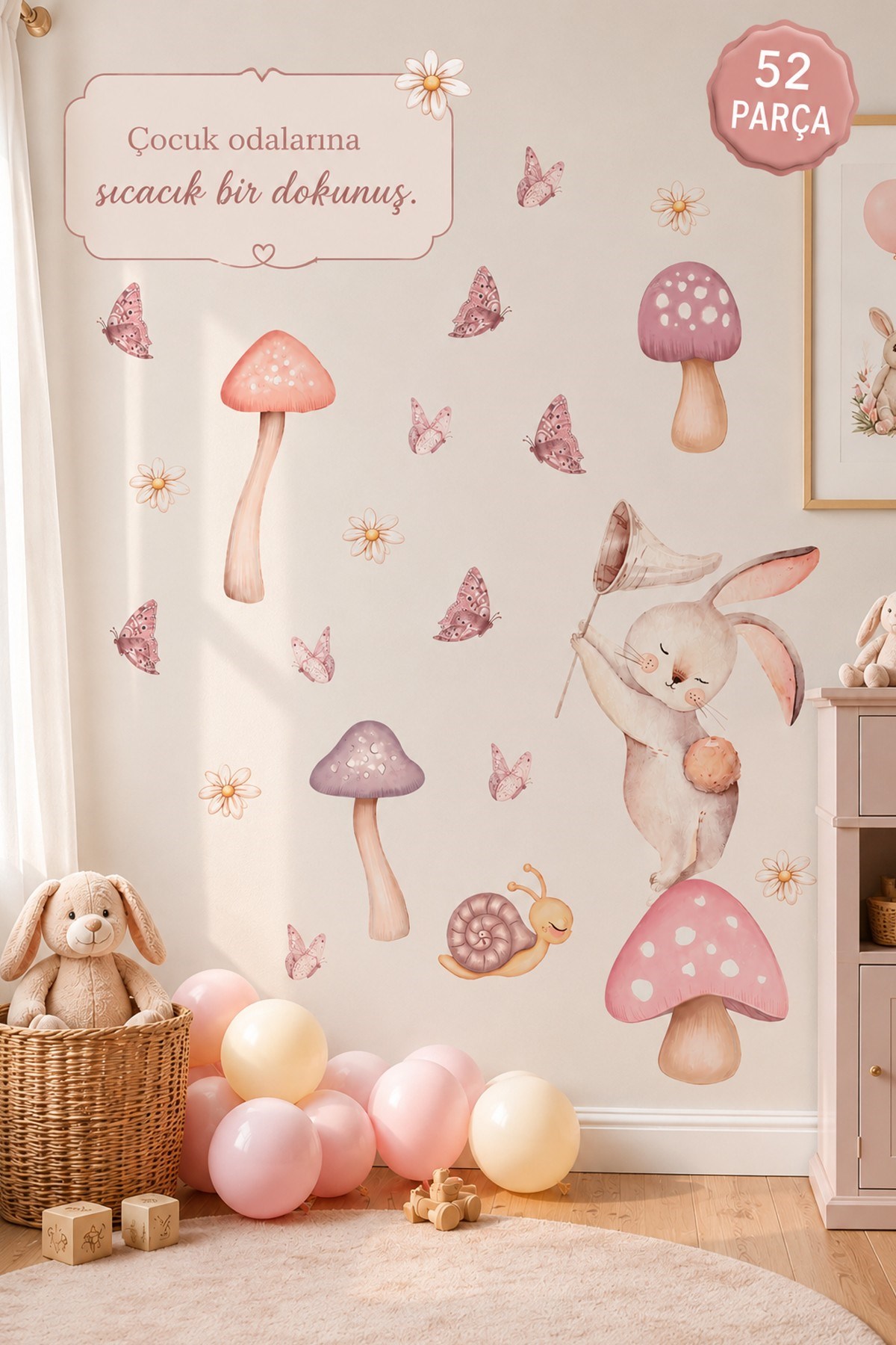 Pastel Sevimli Tavşan Duvar Sticker Seti 52 Parça | Mantar, Kelebek ve Papatya Çocuk Odası Stickerı