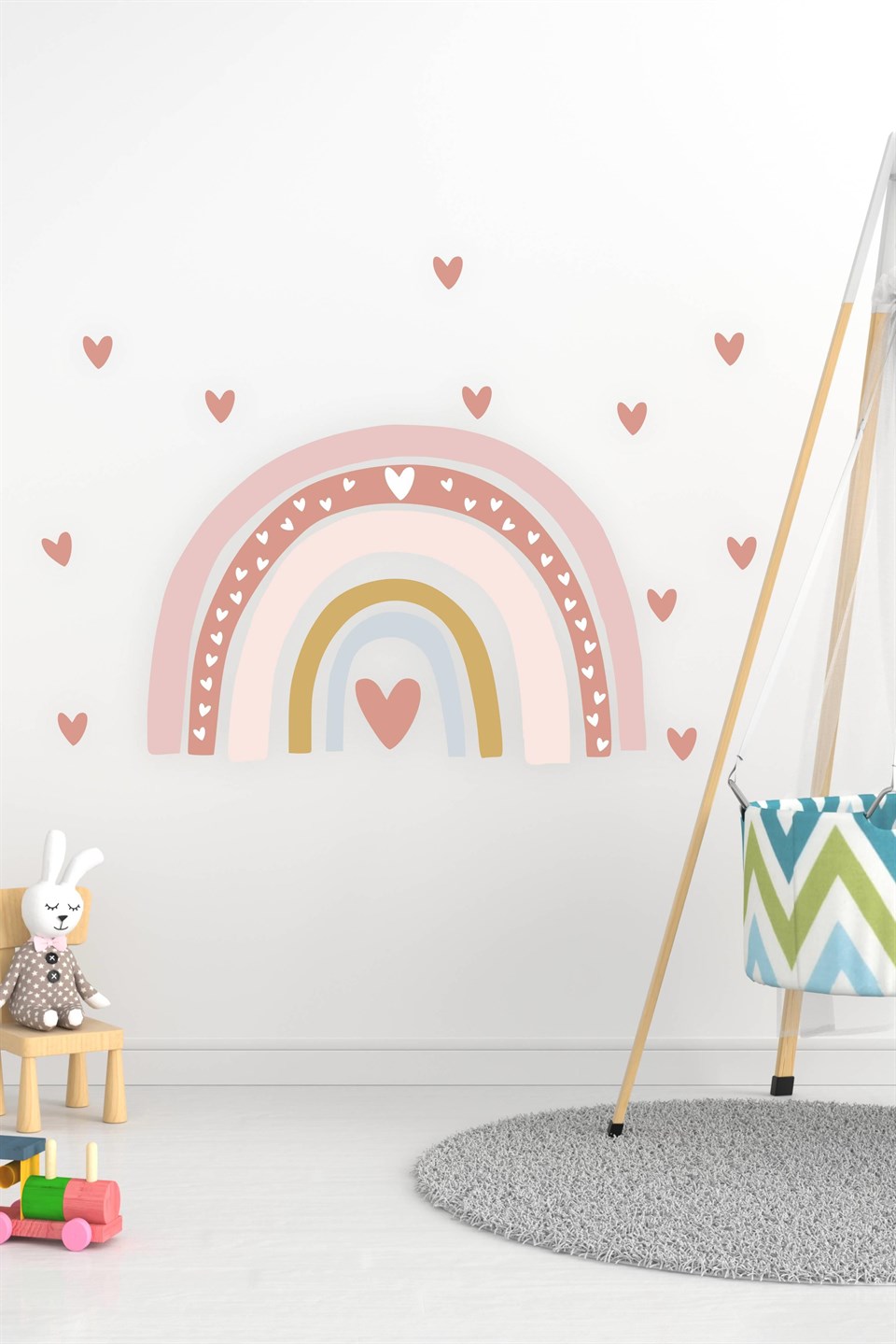 Pastel Tonlarda Gökkuşağı ve Kalpler Çocuk Odası Duvar Sticker