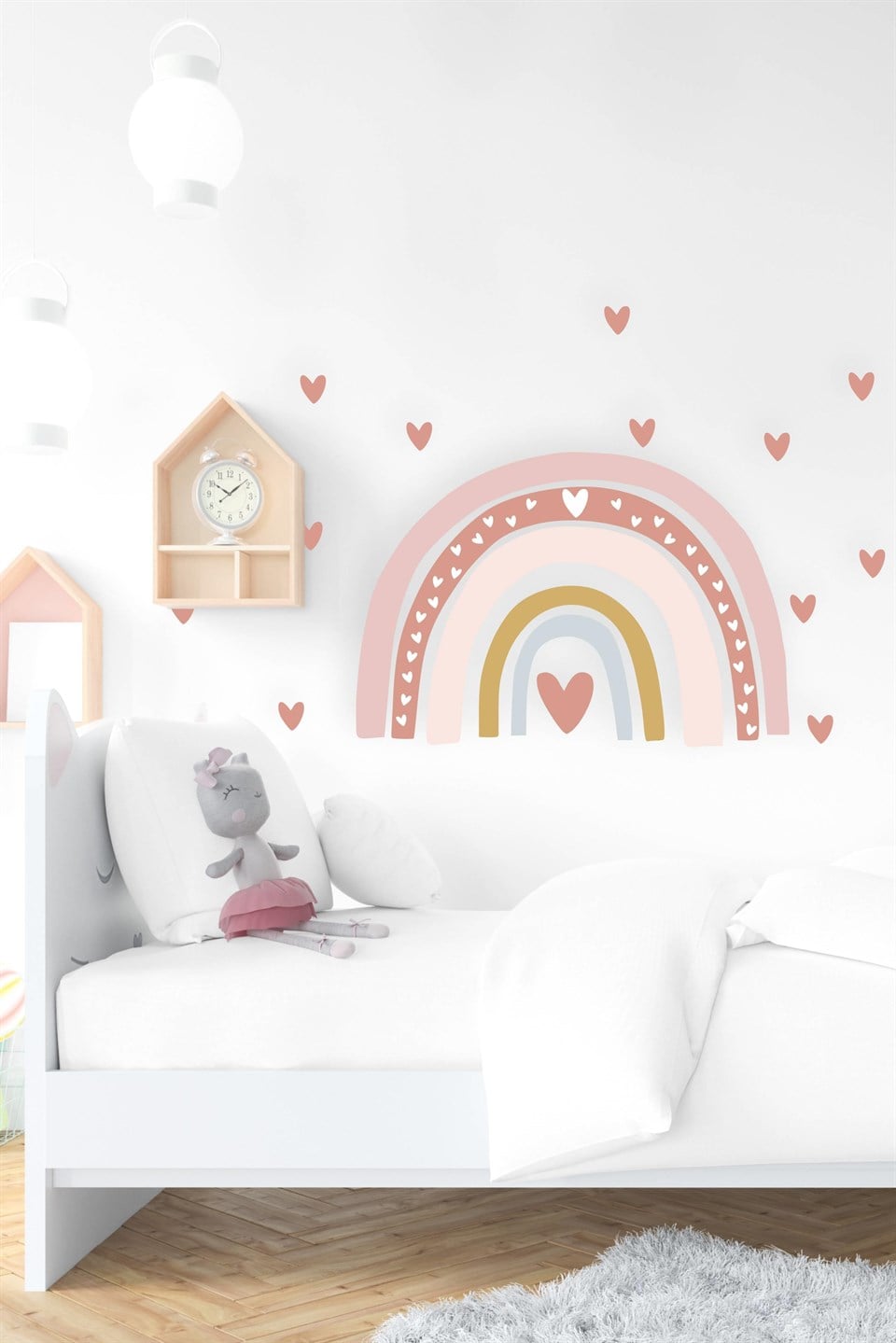 Pastel Tonlarda Gökkuşağı ve Kalpler Çocuk Odası Duvar Sticker
