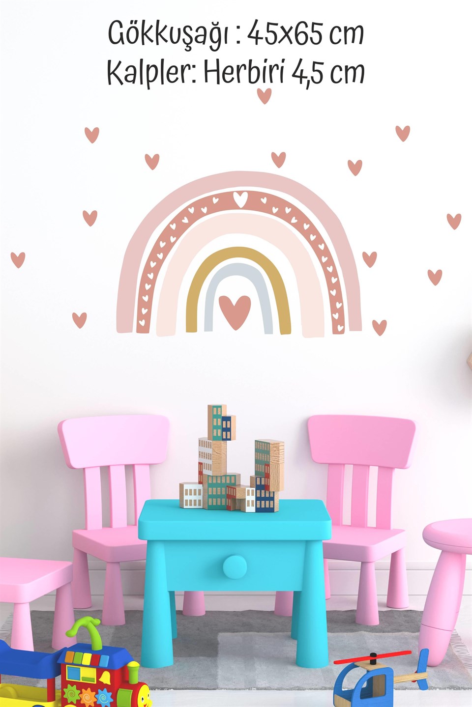 Pastel Tonlarda Gökkuşağı ve Kalpler Çocuk Odası Duvar Sticker