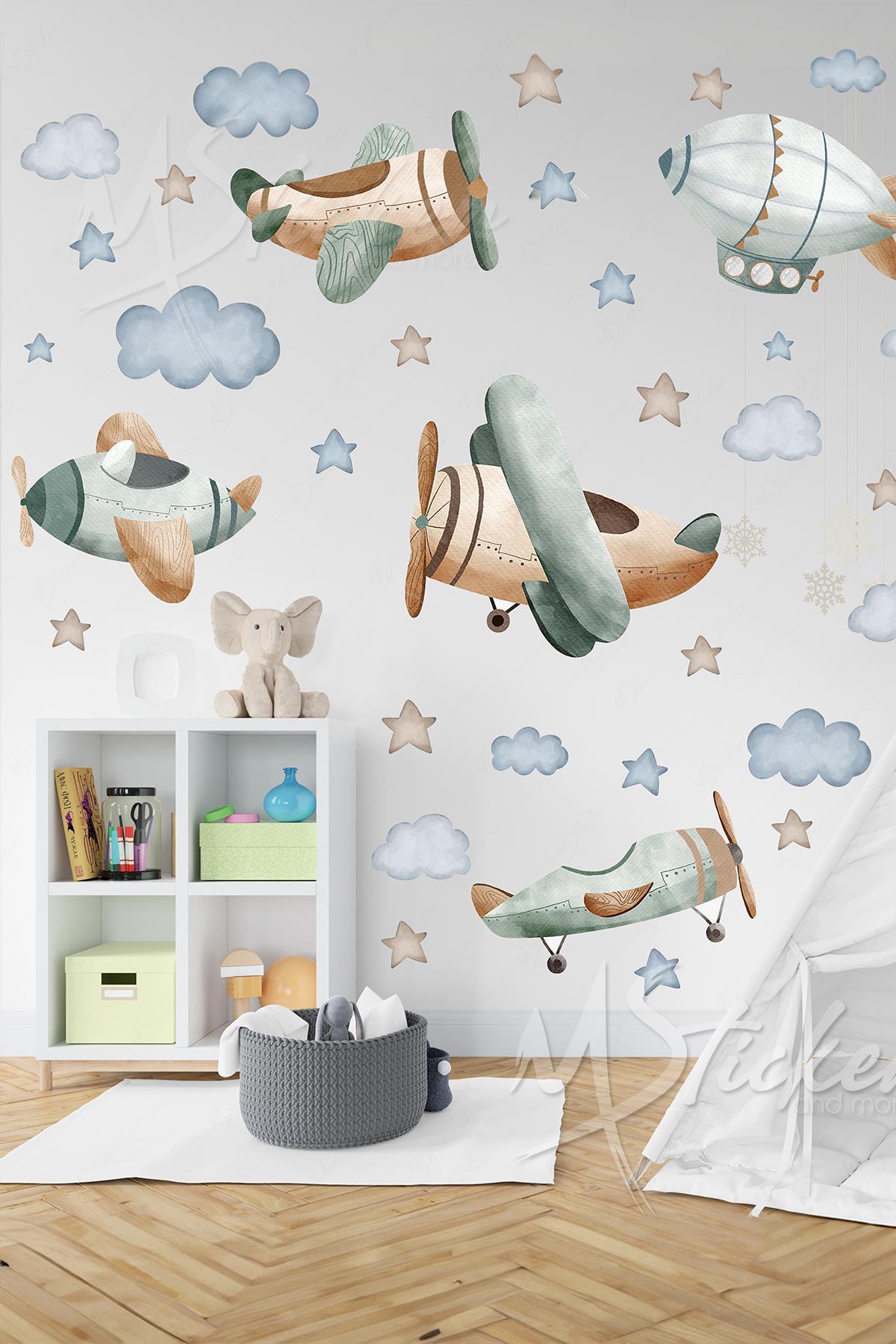 Pastel Tonlarda Planör Uçak Balon ve Bulutlar Yıldızlar Çocuk Bebek Odası Duvar Cam Dolap Sticker