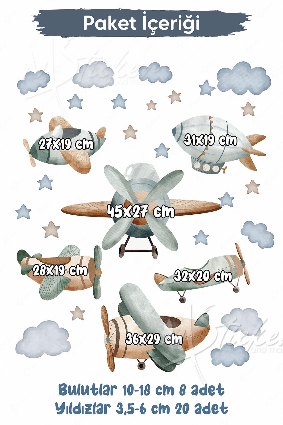 Pastel Tonlarda Planör Uçak Balon ve Bulutlar Yıldızlar Çocuk Bebek Odası Duvar Cam Dolap Sticker