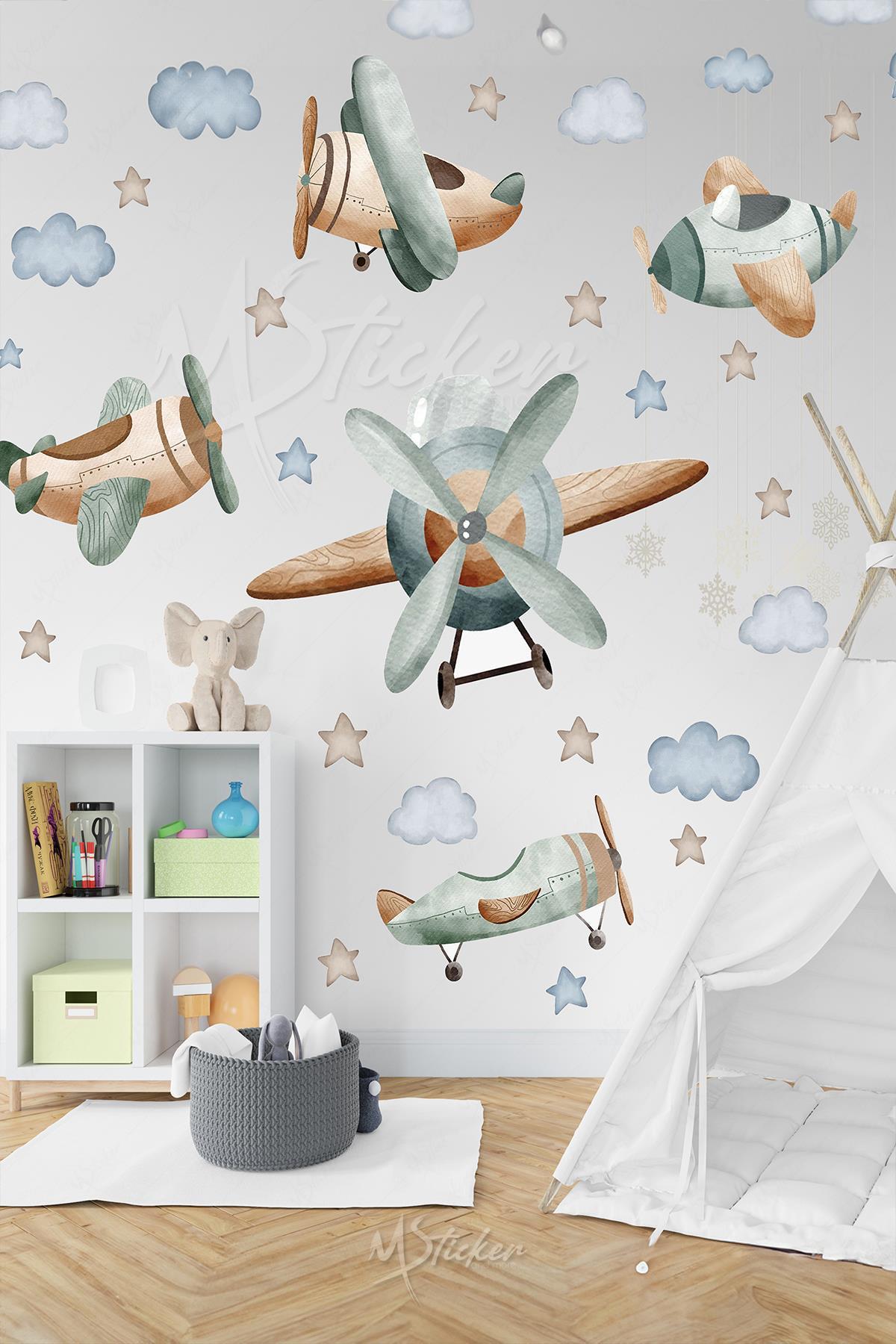 Pastel Tonlarda Planör Uçak Balon ve Bulutlar Yıldızlar Çocuk Bebek Odası Duvar Cam Dolap Sticker