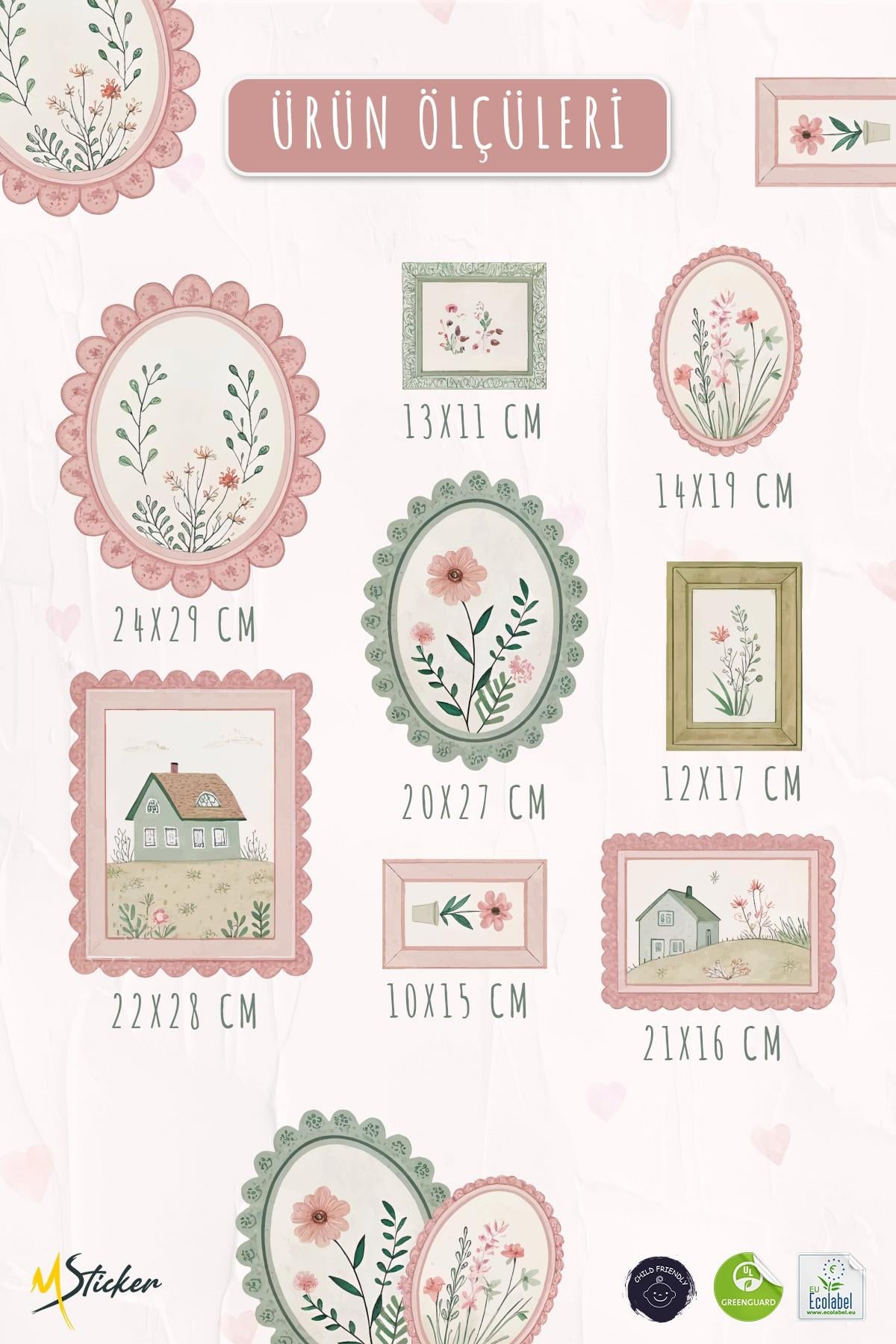 Pastoral Efektli Baharın Neşesi Temalı Çerçeve Görünümlü Sticker Poster Seti 8 Parça 