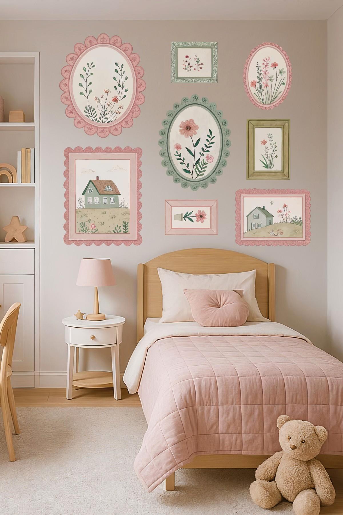 Pastoral Efektli Baharın Neşesi Temalı Çerçeve Görünümlü Sticker Poster Seti 8 Parça 