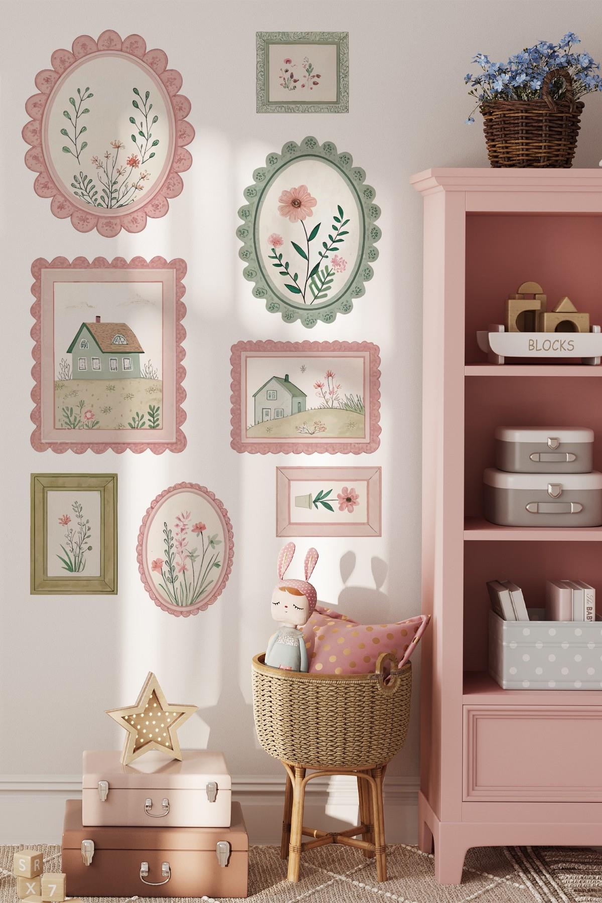 Pastoral Efektli Baharın Neşesi Temalı Çerçeve Görünümlü Sticker Poster Seti 8 Parça 